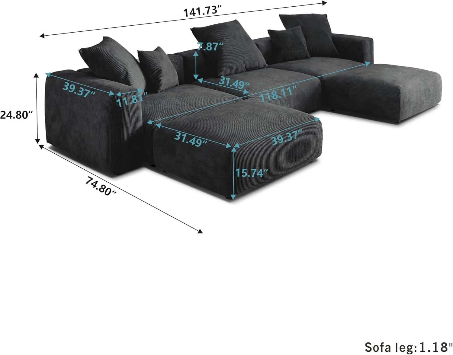 Kanso Corduroy Modular Bouclé Cloud Couch - Black - 3-Seater Sectional Sofa with 2 Ottomans - Image 6