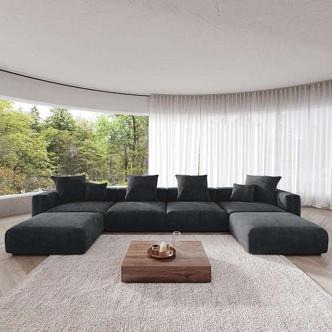 Kanso Corduroy Modular Bouclé Cloud Couch - Black - 4-Seater Sectional Sofa with 2 Ottomans