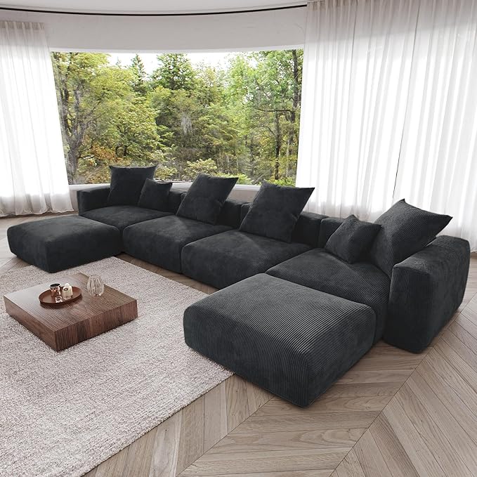 Kanso Corduroy Modular Bouclé Cloud Couch - Black - 4-Seater Sectional Sofa with 2 Ottomans - Image 2