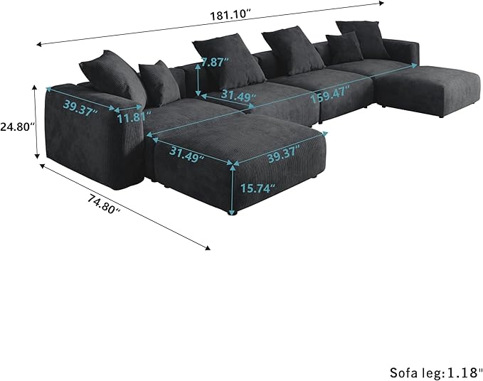 Kanso Corduroy Modular Bouclé Cloud Couch - Black - 4-Seater Sectional Sofa with 2 Ottomans - Image 6