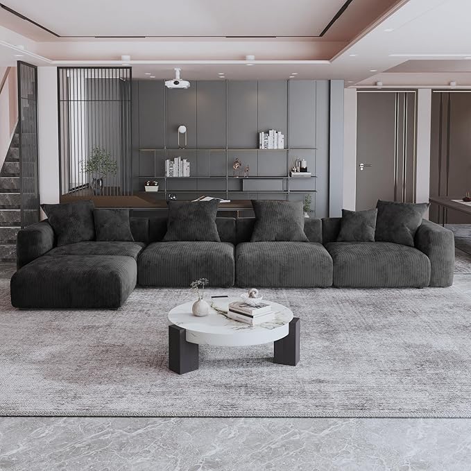 Kanso Corduroy Modular Bouclé Cloud Couch - Black - 4-Seater Sectional Sofa with Ottoman