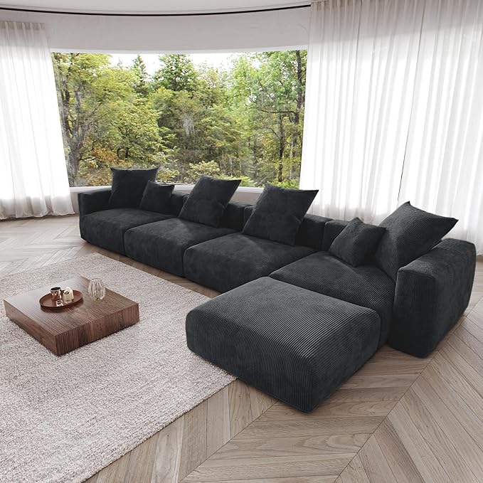Kanso Corduroy Modular Bouclé Cloud Couch - Black - 4-Seater Sectional Sofa with Ottoman - Image 2