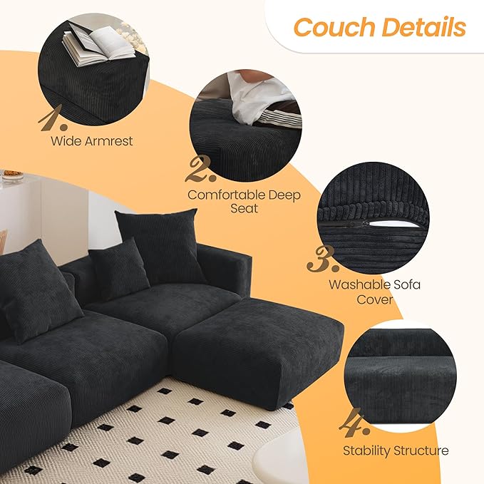 Kanso Corduroy Modular Bouclé Cloud Couch - Black - 4-Seater Sectional Sofa with Ottoman - Image 3