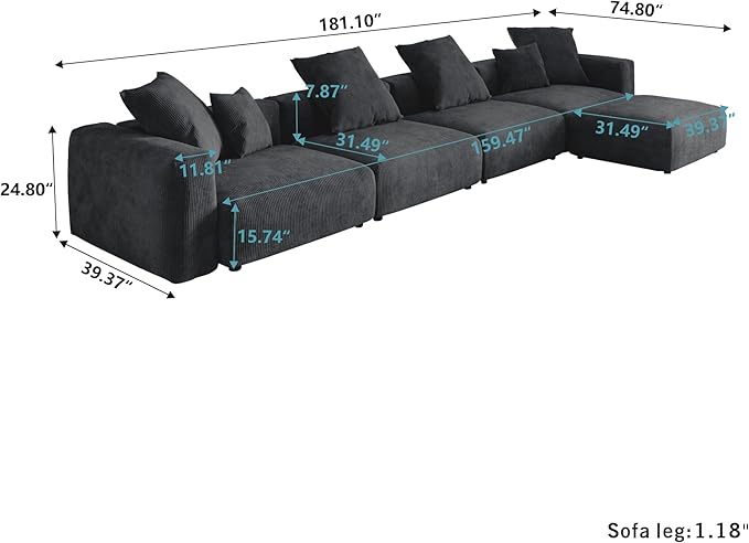 Kanso Corduroy Modular Bouclé Cloud Couch - Black - 4-Seater Sectional Sofa with Ottoman - Image 7