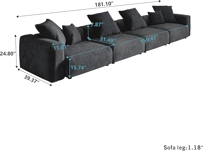 Kanso Corduroy Modular Bouclé Cloud Couch - Black - 4-Seater Sofa - Image 5