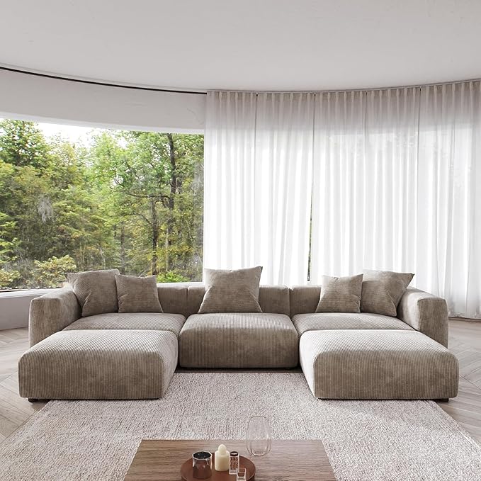 Kanso Corduroy Modular Bouclé Cloud Couch - Brown - 3-Seater Sectional Sofa with 2 Ottomans
