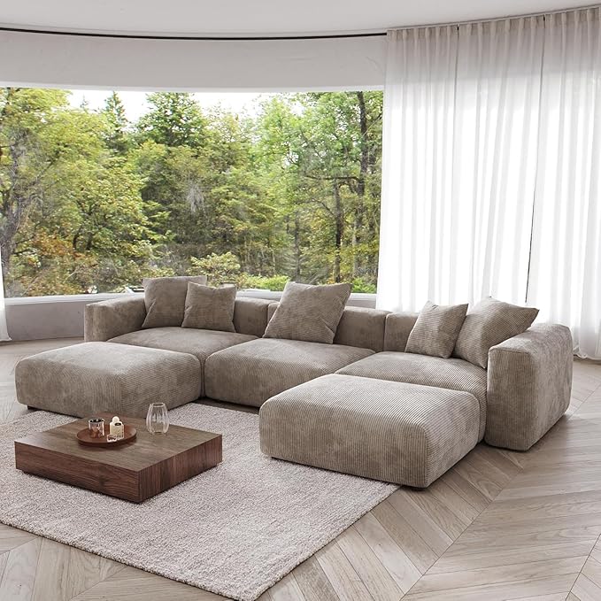 Kanso Corduroy Modular Bouclé Cloud Couch - Brown - 3-Seater Sectional Sofa with 2 Ottomans - Image 2