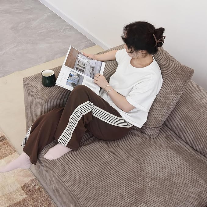 Kanso Corduroy Modular Bouclé Cloud Couch - Brown - 3-Seater Sectional Sofa with 2 Ottomans - Image 4