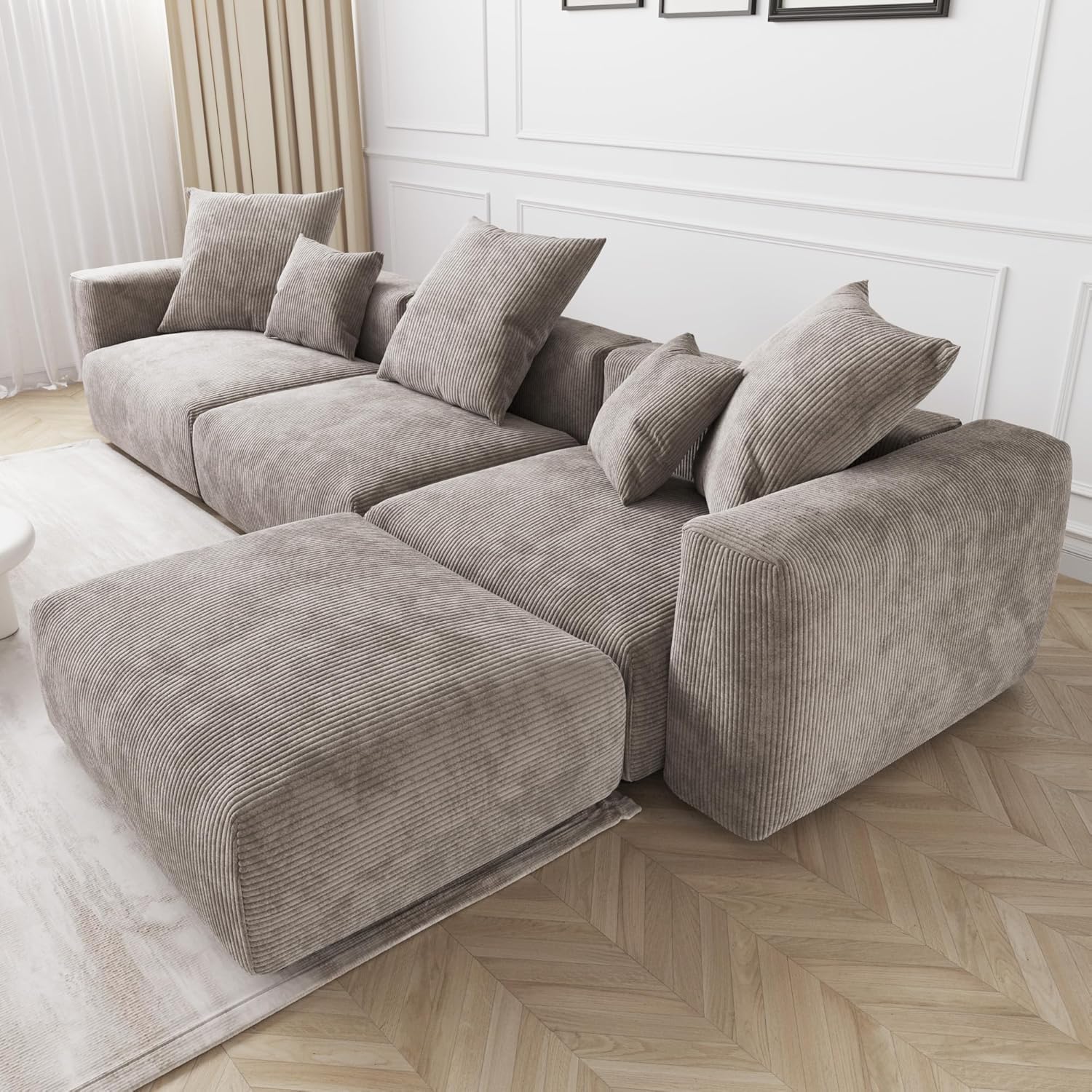 Kanso Corduroy Modular Bouclé Cloud Couch - Brown - 3-Seater Sectional Sofa with Ottoman - Image 3