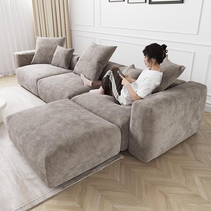 Kanso Corduroy Modular Bouclé Cloud Couch - Brown - 3-Seater Sectional Sofa with Ottoman - Image 4
