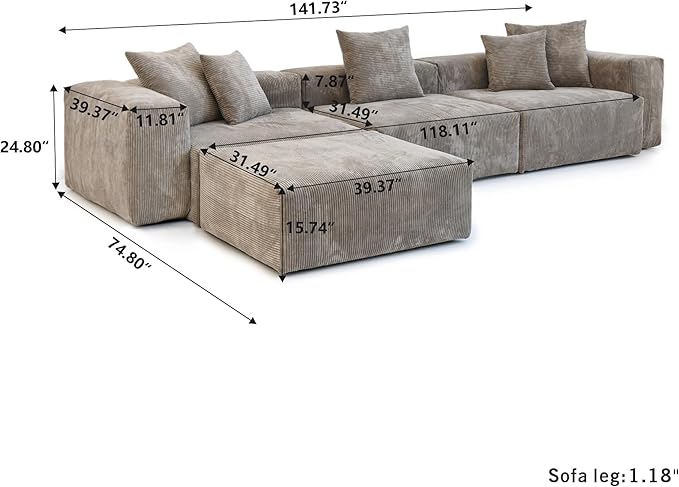 Kanso Corduroy Modular Bouclé Cloud Couch - Brown - 3-Seater Sectional Sofa with Ottoman - Image 8