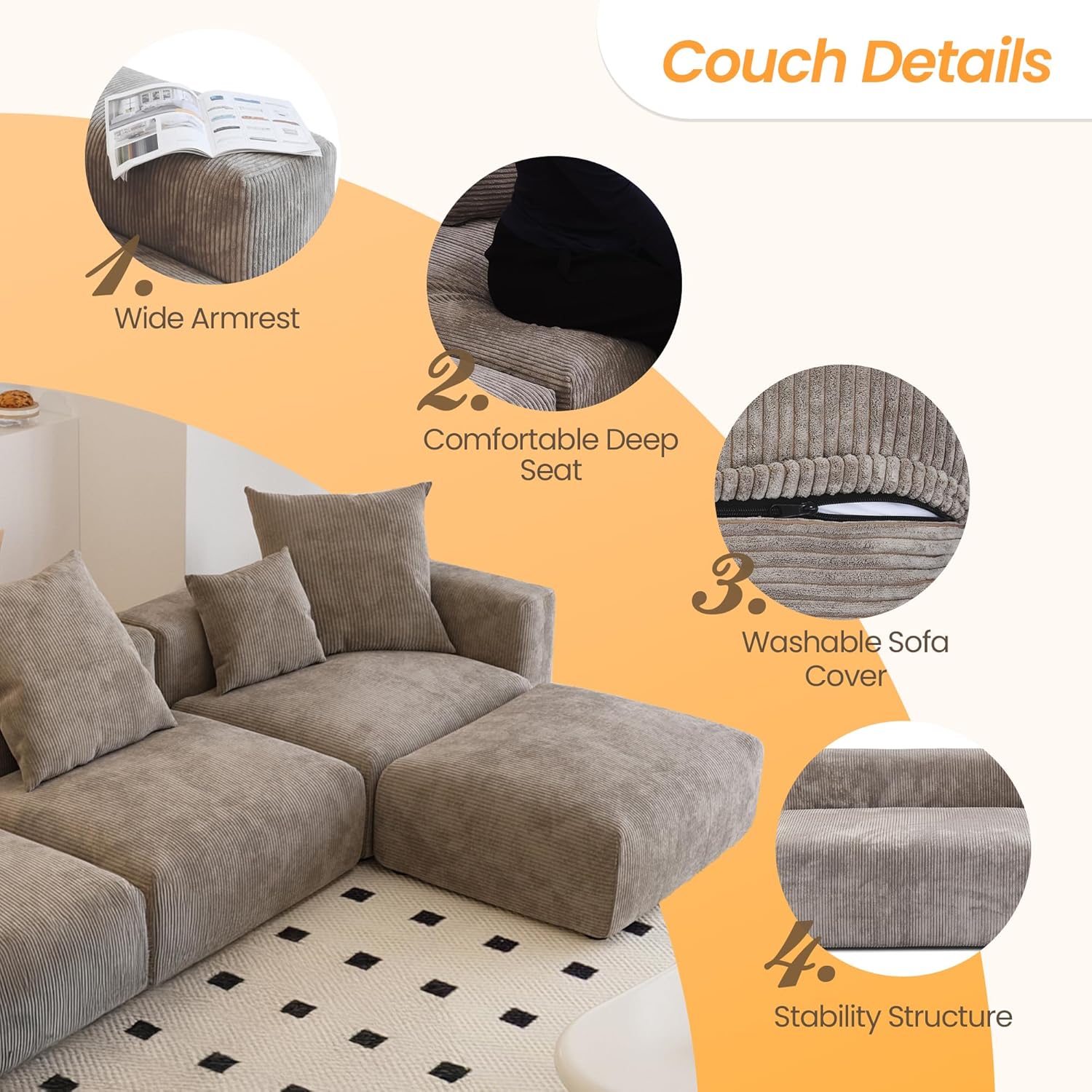 Kanso Corduroy Modular Bouclé Cloud Couch - Brown - 4-Seater Sectional Sofa with 2 Ottomans - Image 3