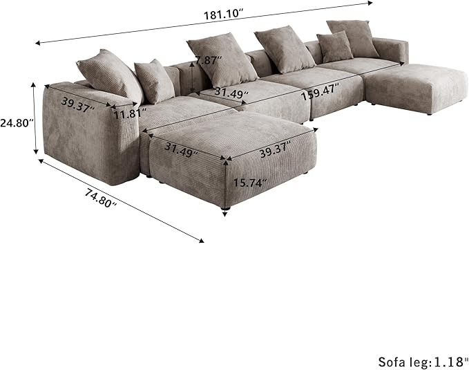 Kanso Corduroy Modular Bouclé Cloud Couch - Brown - 4-Seater Sectional Sofa with 2 Ottomans - Image 4