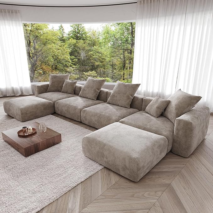 Kanso Corduroy Modular Bouclé Cloud Couch - Brown - 4-Seater Sectional Sofa with 2 Ottomans - Image 5