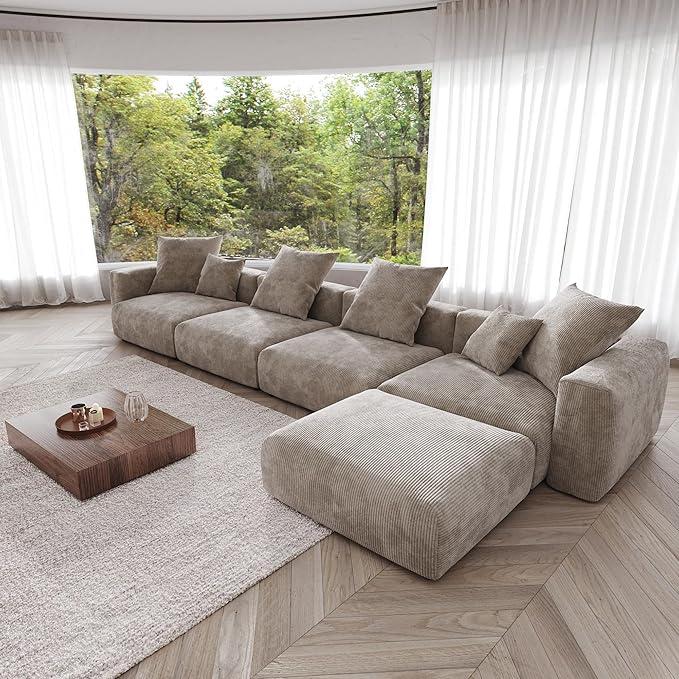 Kanso Corduroy Modular Bouclé Cloud Couch - Brown - 4-Seater Sectional Sofa with Ottoman - Image 2