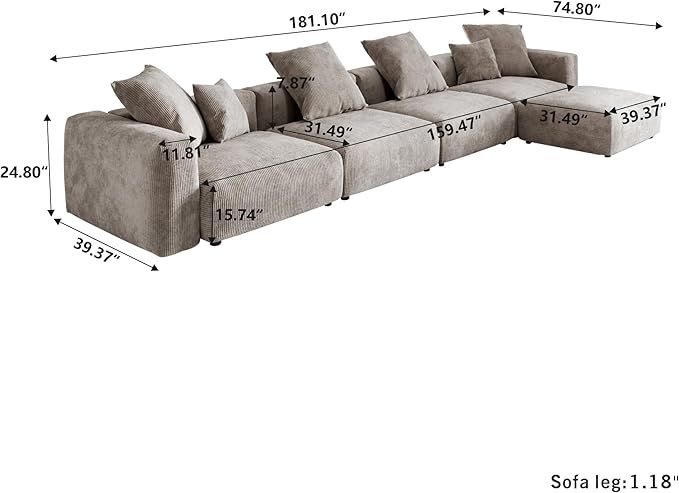 Kanso Corduroy Modular Bouclé Cloud Couch - Brown - 4-Seater Sectional Sofa with Ottoman - Image 7