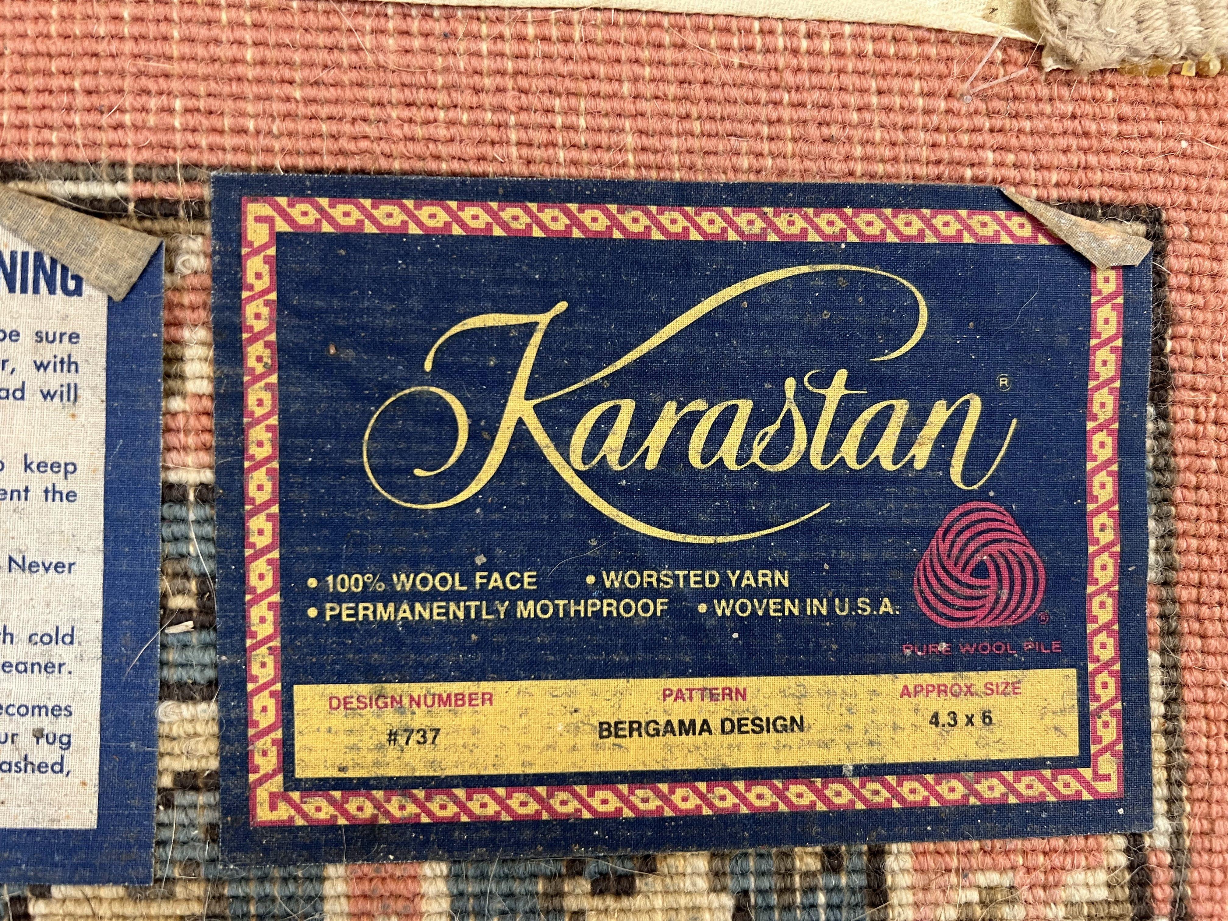 Karastan Rug 4x6 Bergama Design #737, Karastan Area Rug, Vintage Wool Karastan Carpet, Original Collection 700 Series, Salmon Red Light Blue - Image 10