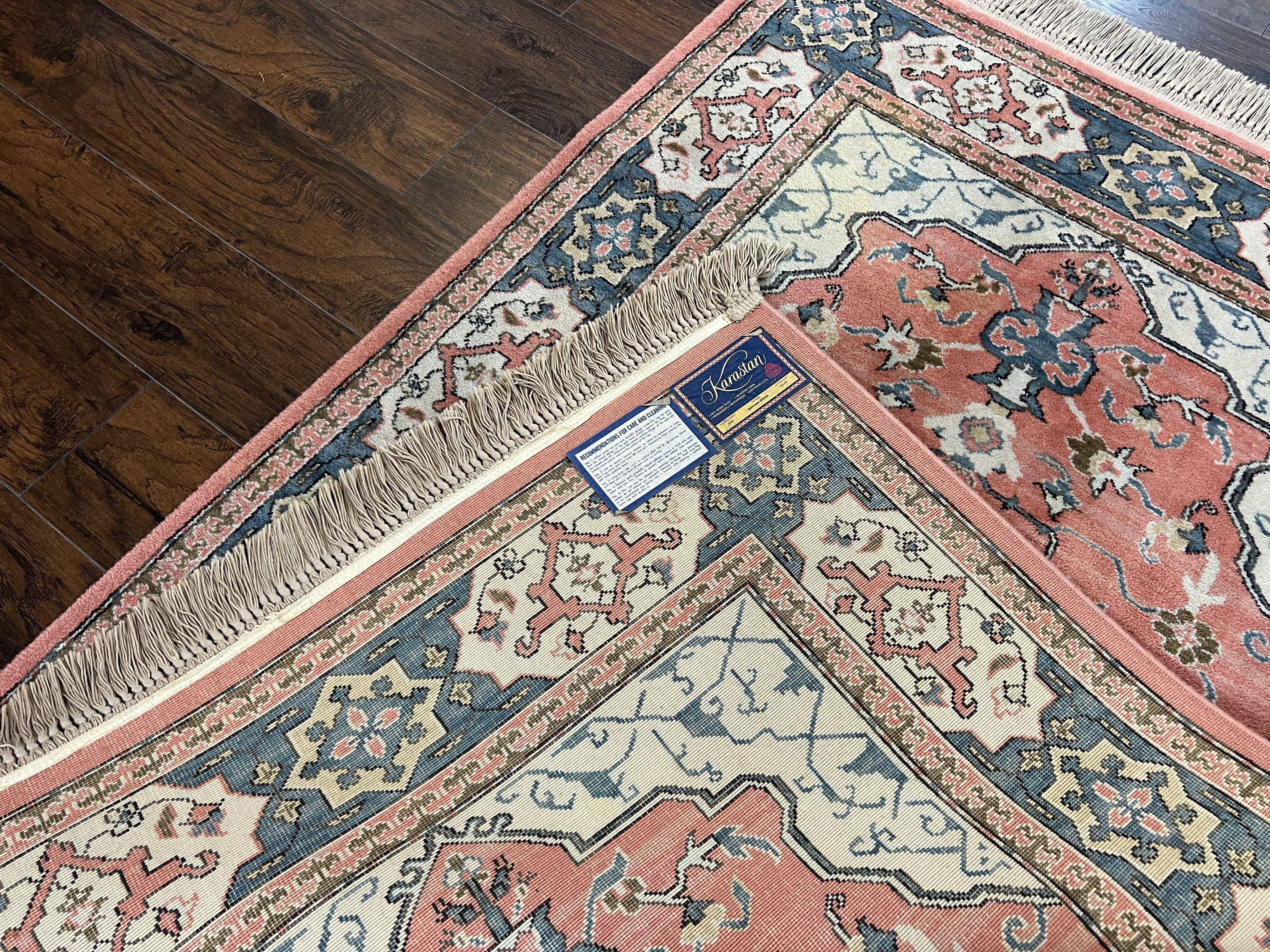Karastan Rug 4x6 Bergama Design #737, Karastan Area Rug, Vintage Wool Karastan Carpet, Original Collection 700 Series, Salmon Red Light Blue - Image 11