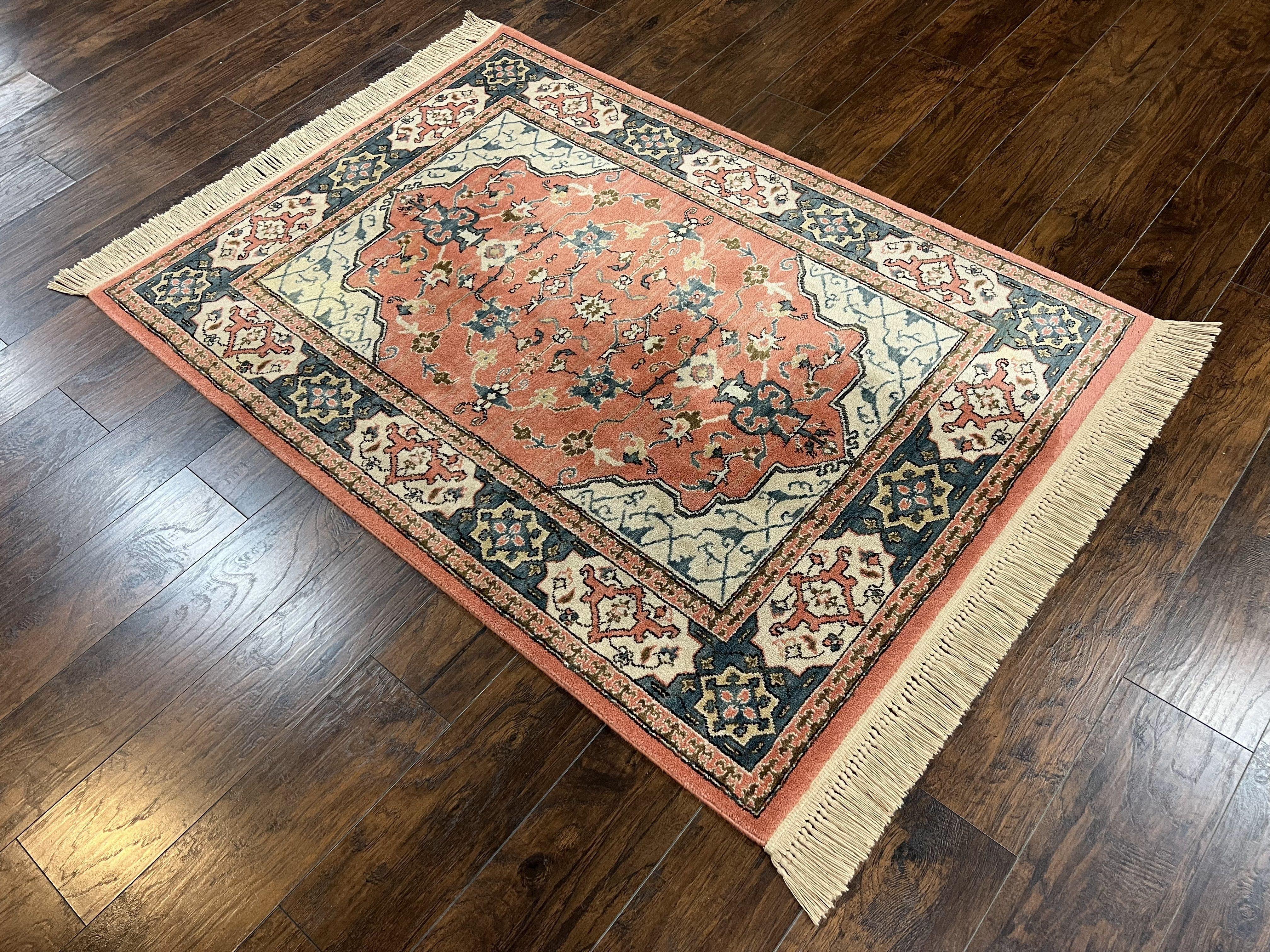 Karastan Rug 4x6 Bergama Design #737, Karastan Area Rug, Vintage Wool Karastan Carpet, Original Collection 700 Series, Salmon Red Light Blue - Image 12