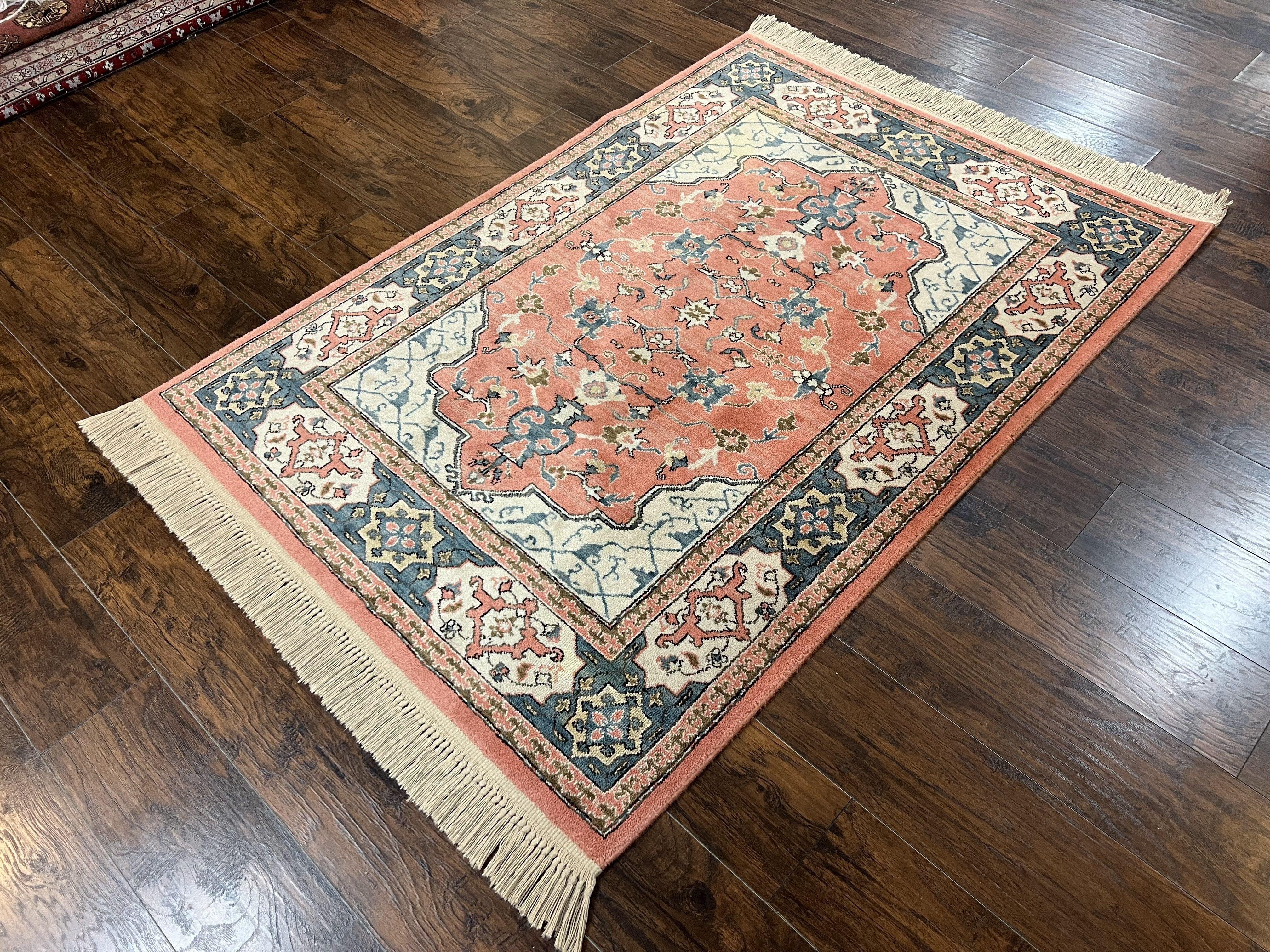 Karastan Rug 4x6 Bergama Design #737, Karastan Area Rug, Vintage Wool Karastan Carpet, Original Collection 700 Series, Salmon Red Light Blue - Image 2