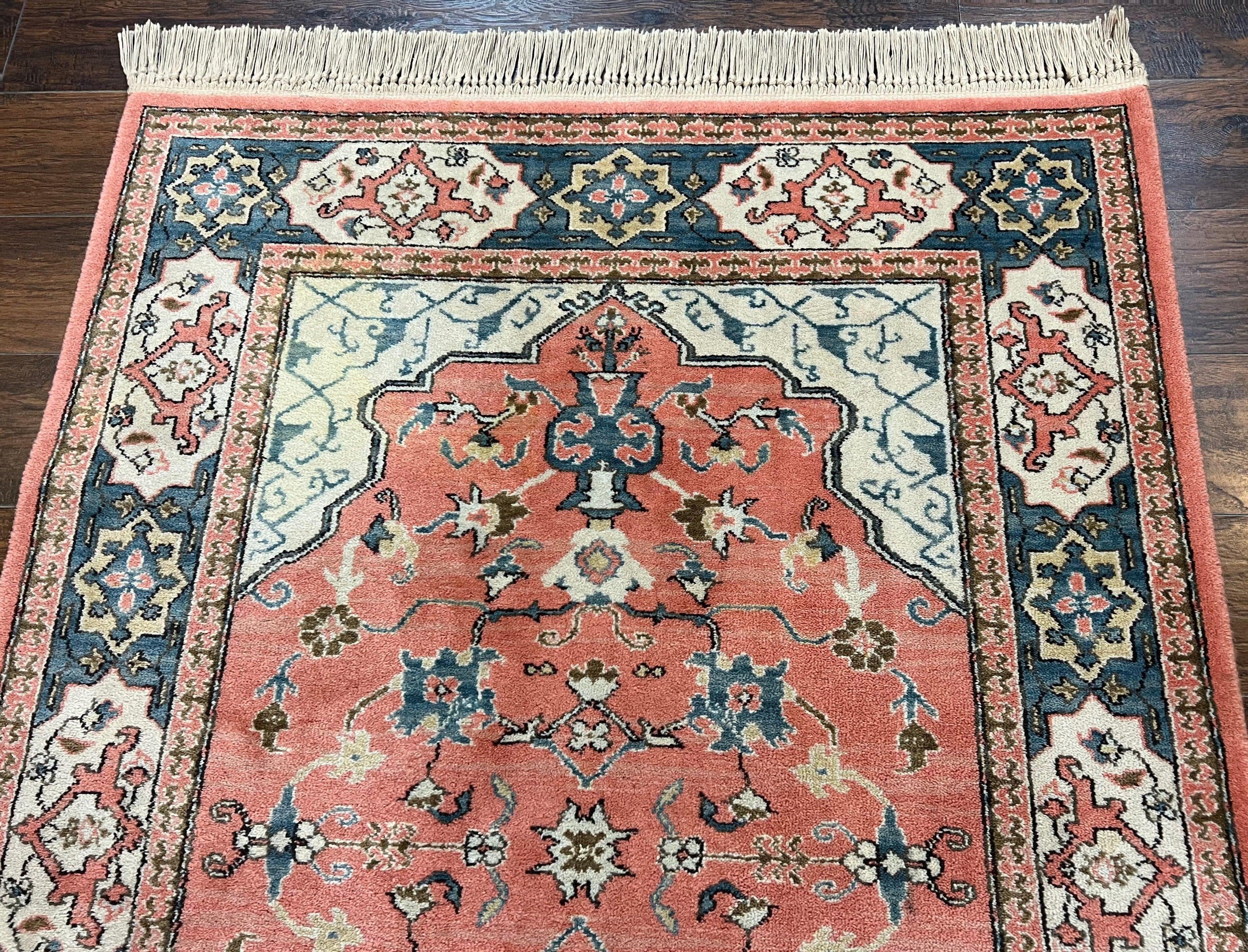 Karastan Rug 4x6 Bergama Design #737, Karastan Area Rug, Vintage Wool Karastan Carpet, Original Collection 700 Series, Salmon Red Light Blue - Image 3