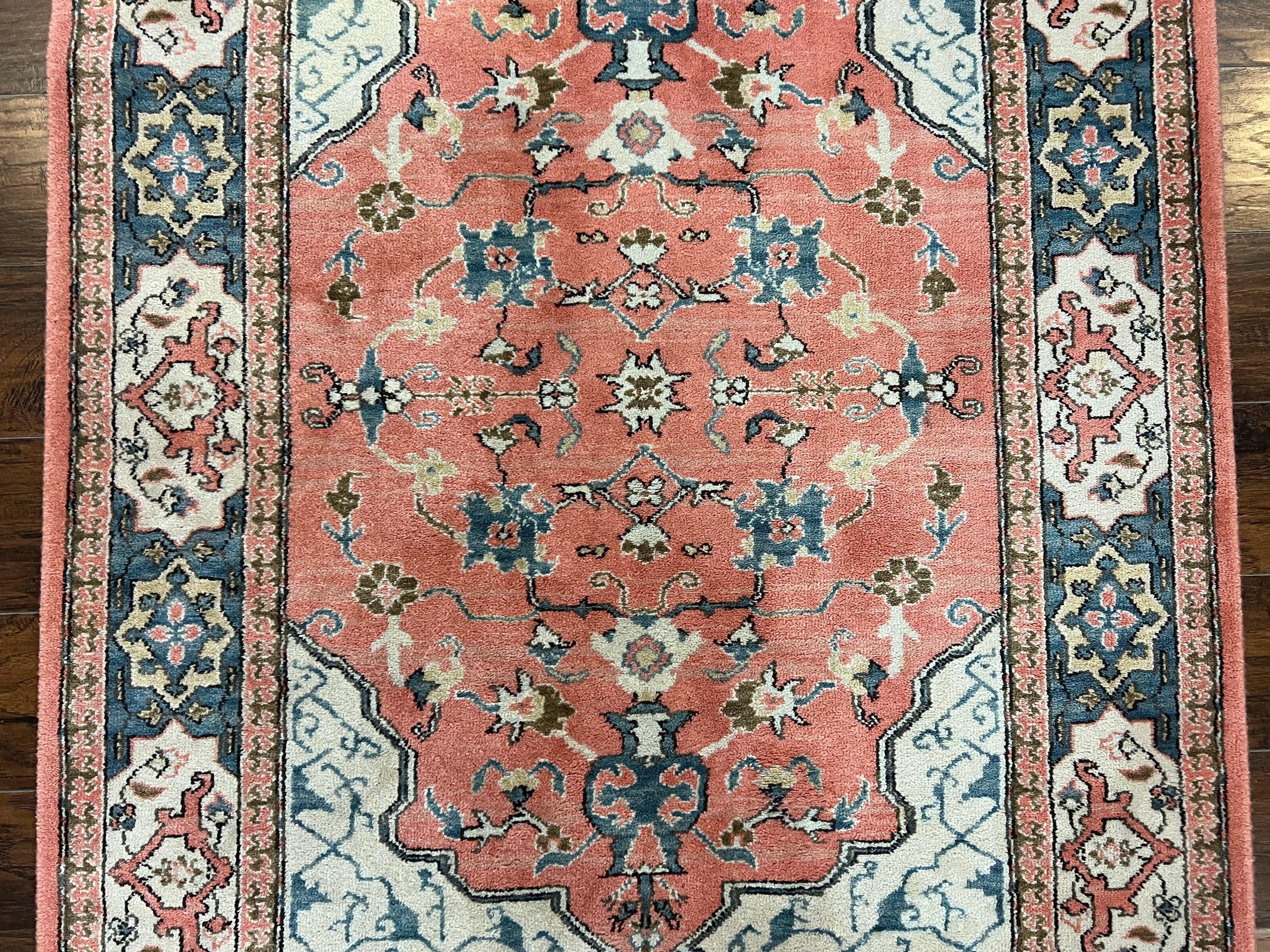 Karastan Rug 4x6 Bergama Design #737, Karastan Area Rug, Vintage Wool Karastan Carpet, Original Collection 700 Series, Salmon Red Light Blue - Image 4