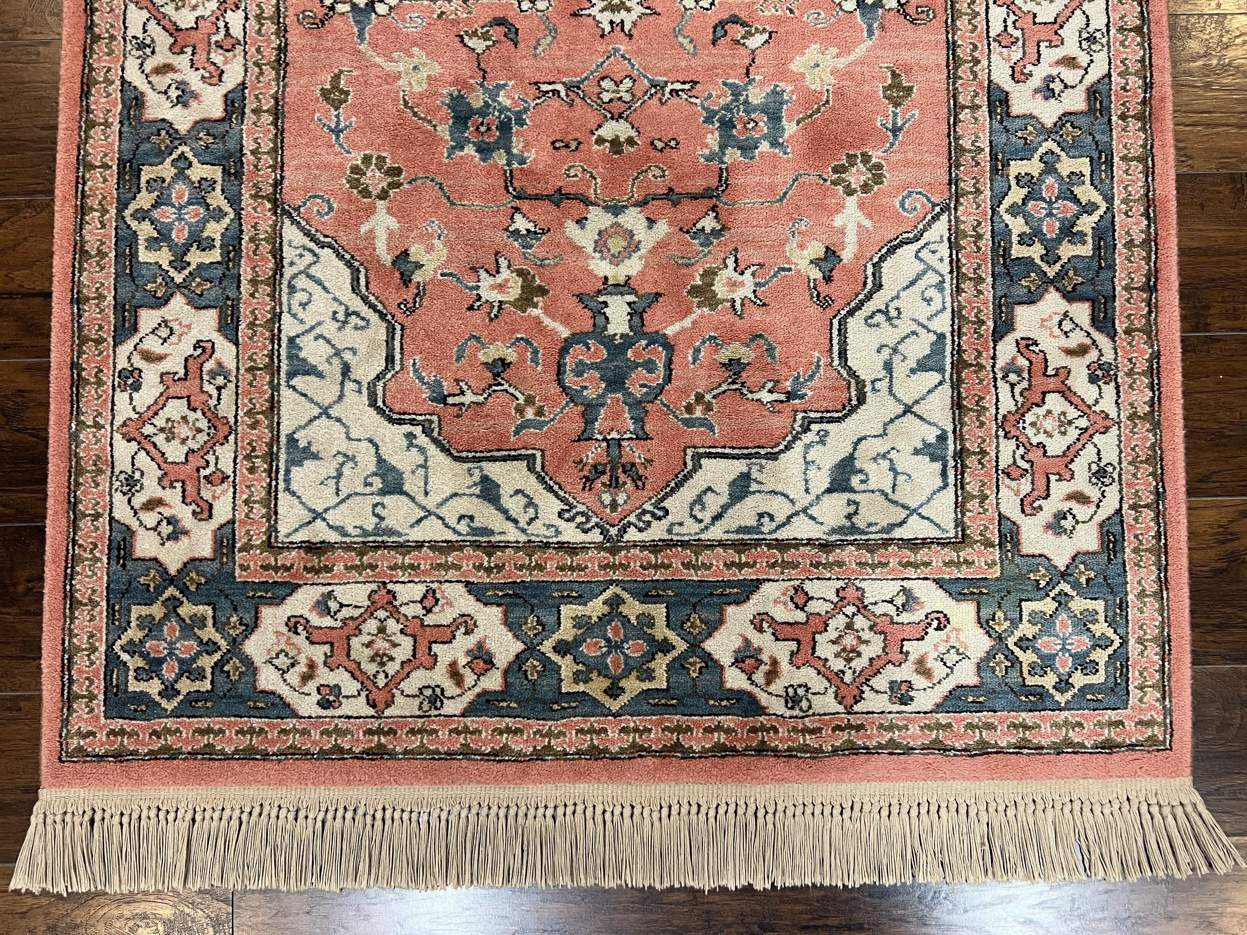 Karastan Rug 4x6 Bergama Design #737, Karastan Area Rug, Vintage Wool Karastan Carpet, Original Collection 700 Series, Salmon Red Light Blue - Image 5