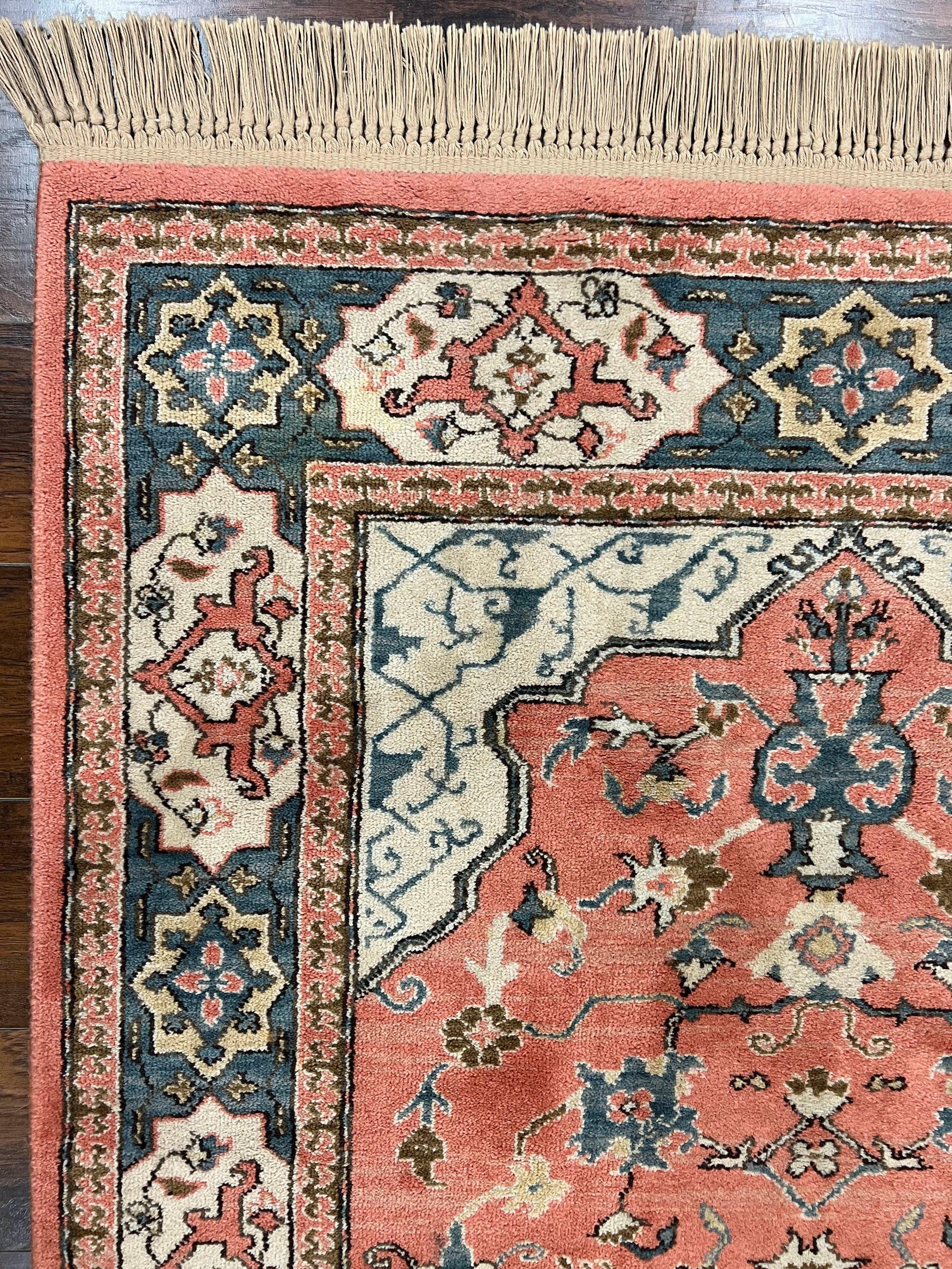 Karastan Rug 4x6 Bergama Design #737, Karastan Area Rug, Vintage Wool Karastan Carpet, Original Collection 700 Series, Salmon Red Light Blue - Image 6