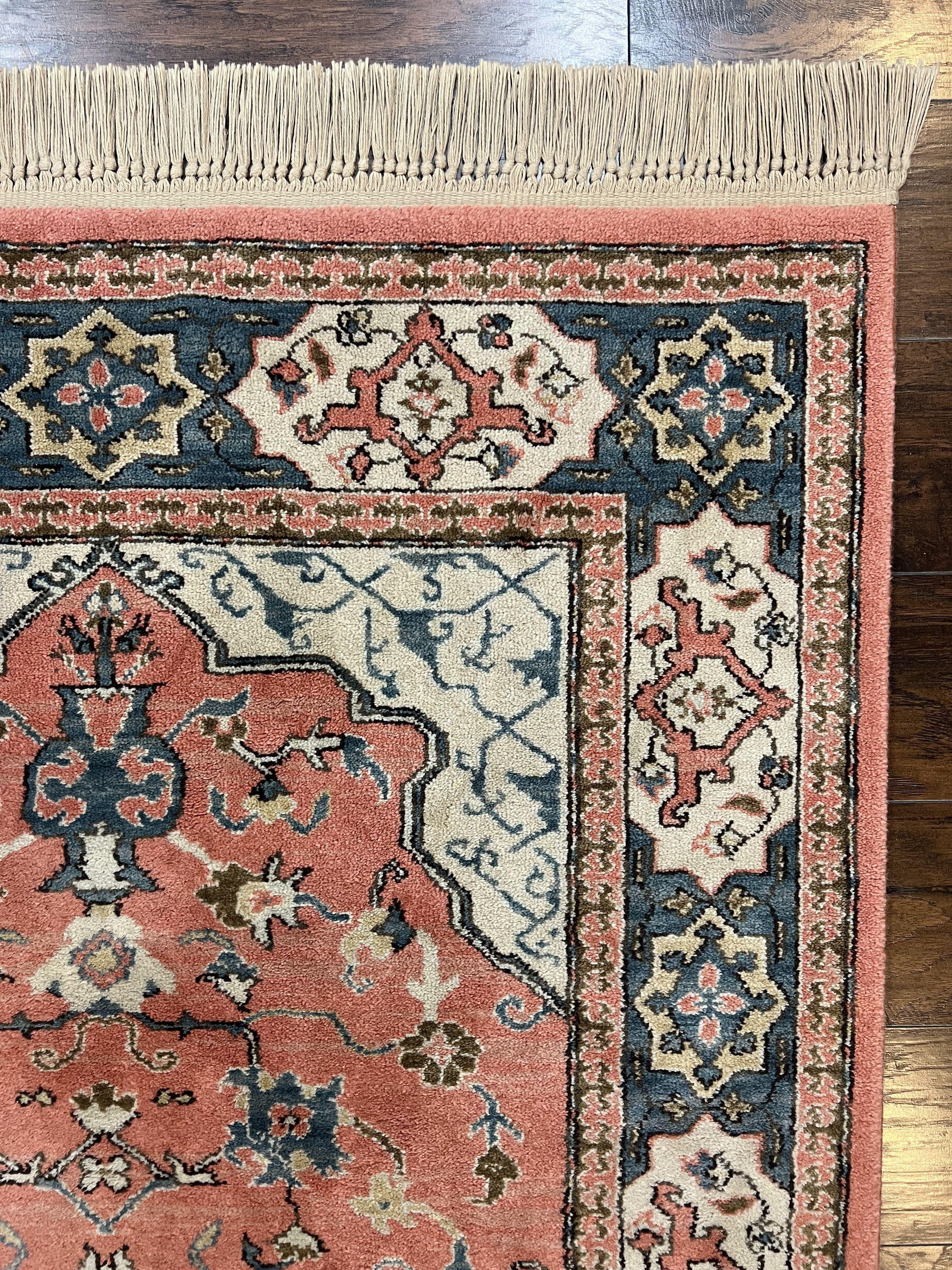 Karastan Rug 4x6 Bergama Design #737, Karastan Area Rug, Vintage Wool Karastan Carpet, Original Collection 700 Series, Salmon Red Light Blue - Image 7