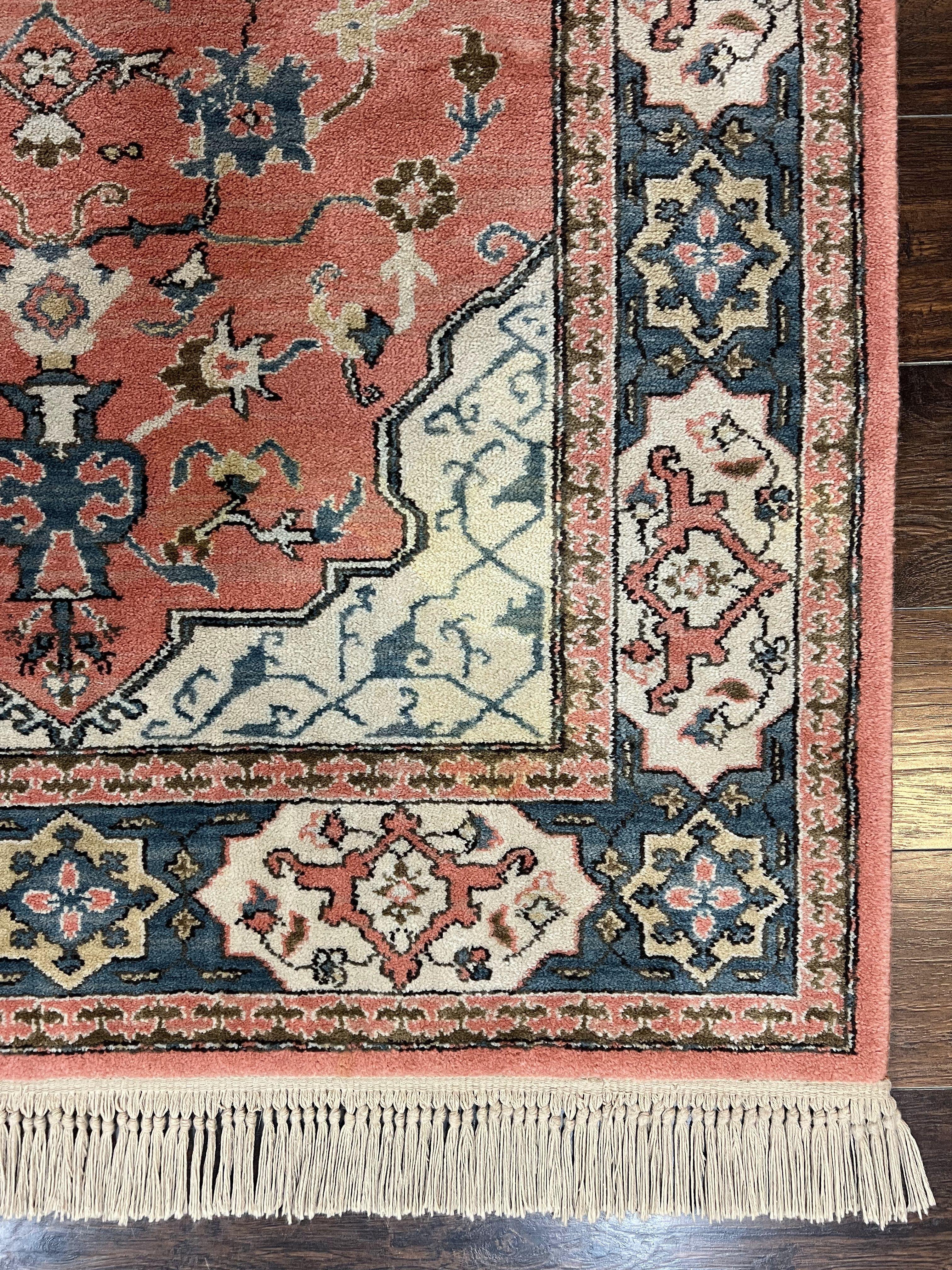 Karastan Rug 4x6 Bergama Design #737, Karastan Area Rug, Vintage Wool Karastan Carpet, Original Collection 700 Series, Salmon Red Light Blue - Image 9