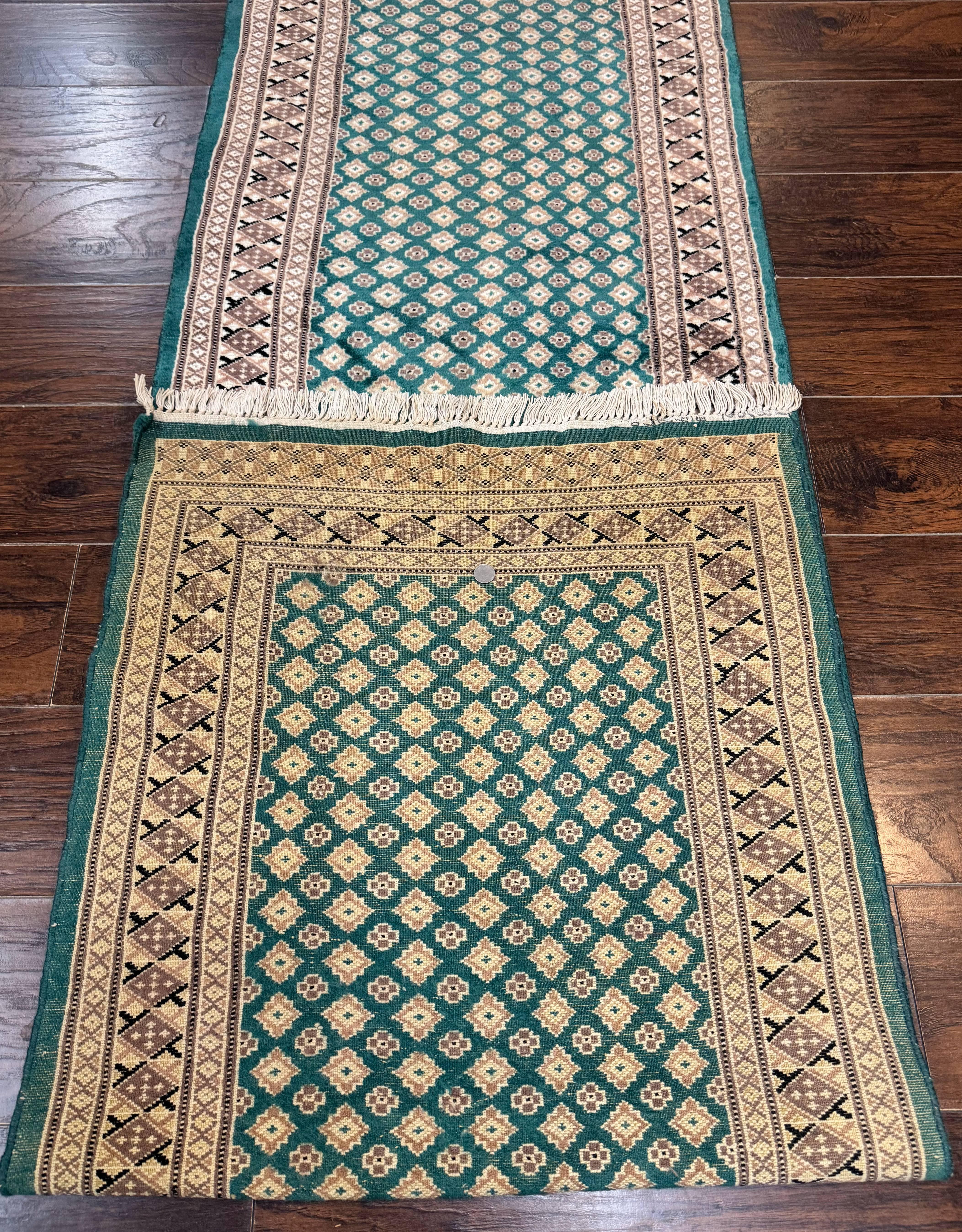 Long Pakistani Runner Rug 2.8 x 20, Hand Knotted Vintage Wool Hallway Rug, Turkoman Rug, Teal and Tan, Handmade Vintage Wool Runner - Image 11