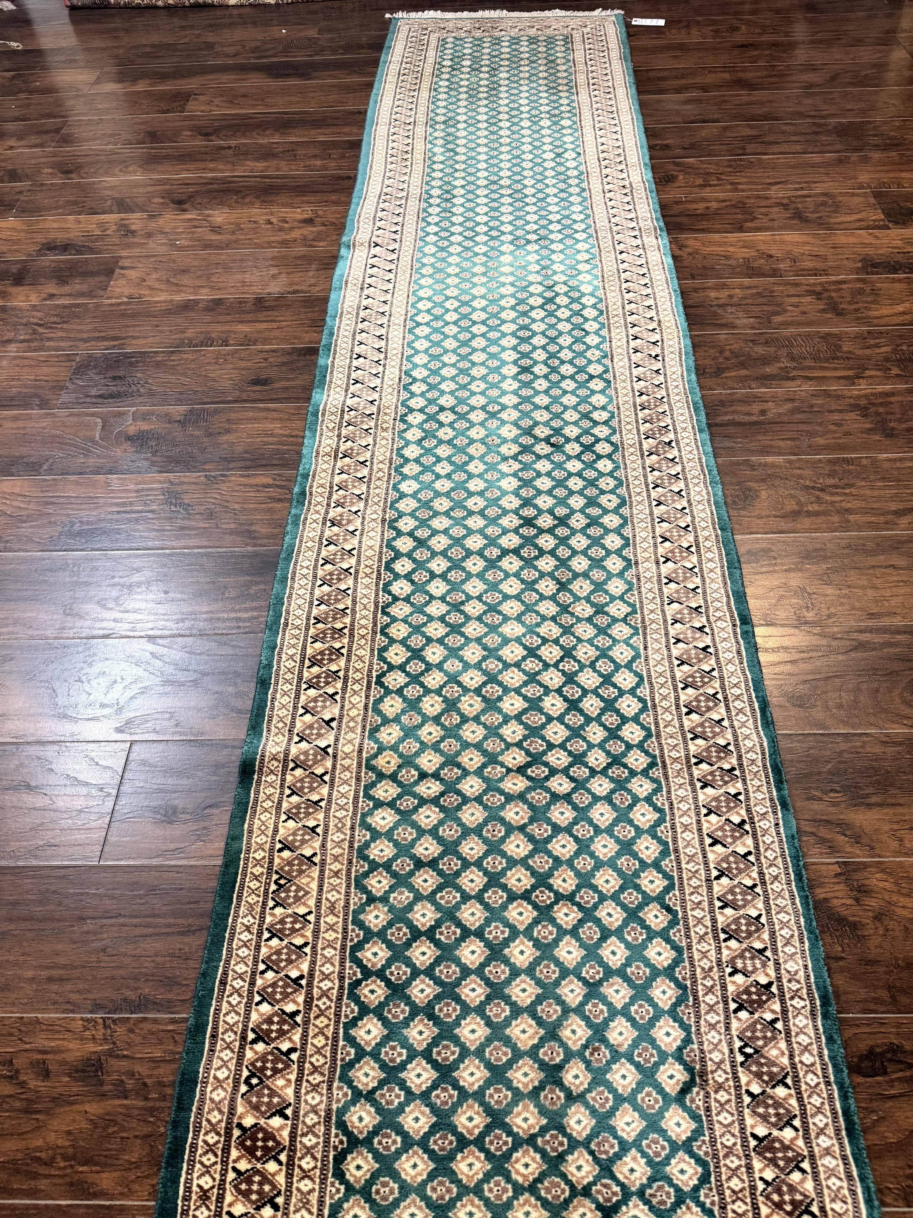 Long Pakistani Runner Rug 2.8 x 20, Hand Knotted Vintage Wool Hallway Rug, Turkoman Rug, Teal and Tan, Handmade Vintage Wool Runner - Image 12