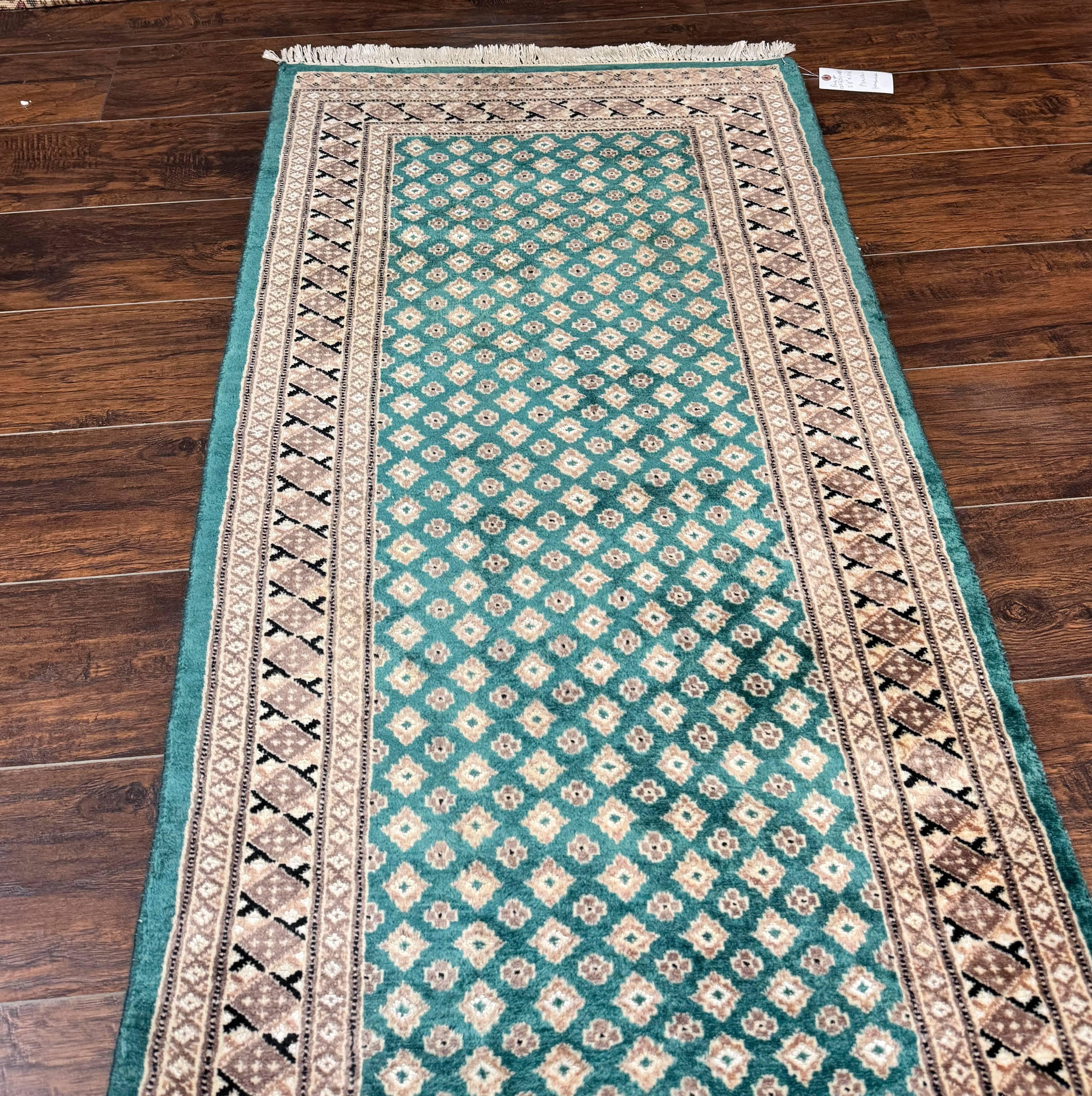 Long Pakistani Runner Rug 2.8 x 20, Hand Knotted Vintage Wool Hallway Rug, Turkoman Rug, Teal and Tan, Handmade Vintage Wool Runner - Image 4