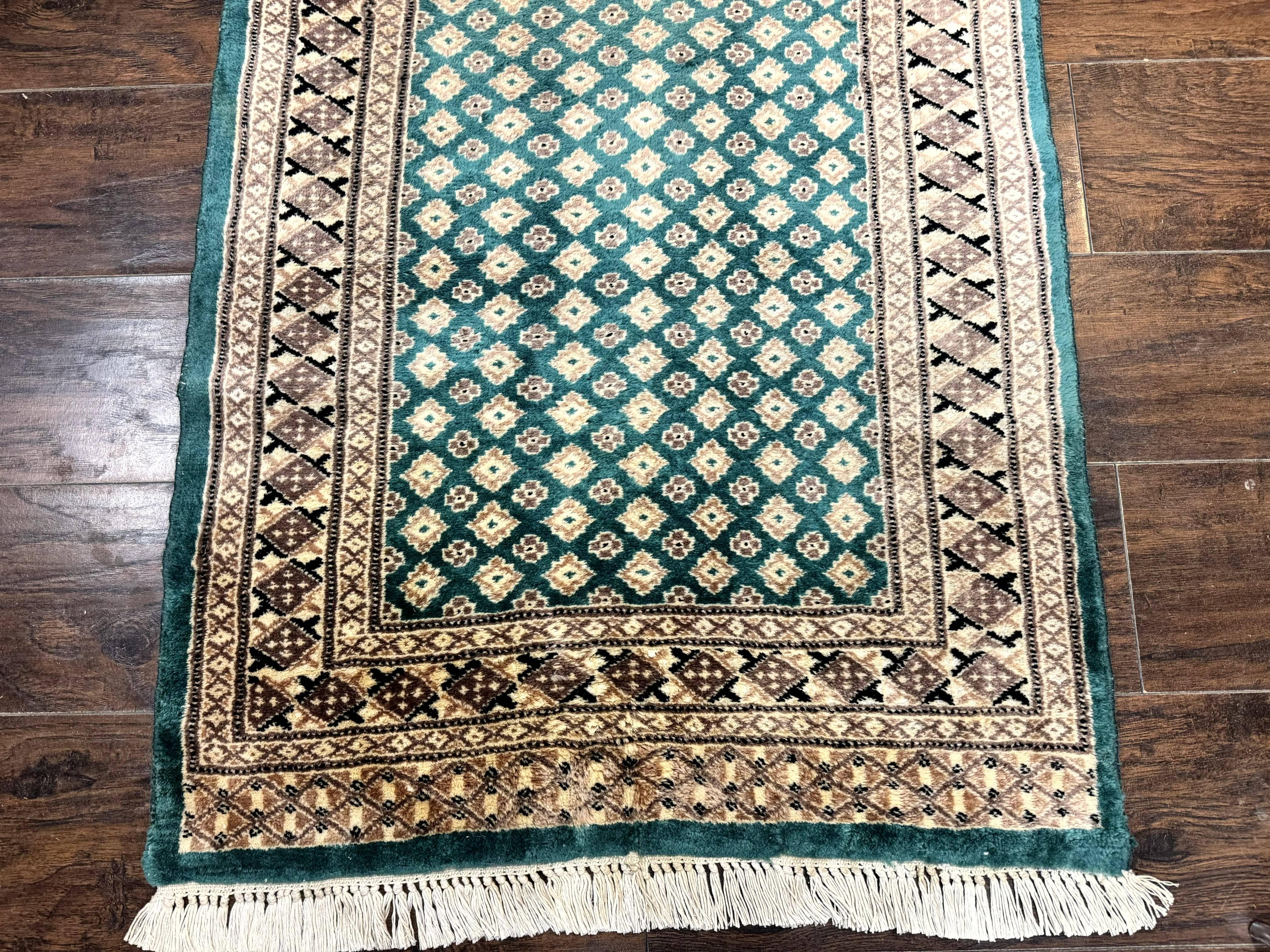 Long Pakistani Runner Rug 2.8 x 20, Hand Knotted Vintage Wool Hallway Rug, Turkoman Rug, Teal and Tan, Handmade Vintage Wool Runner - Image 5