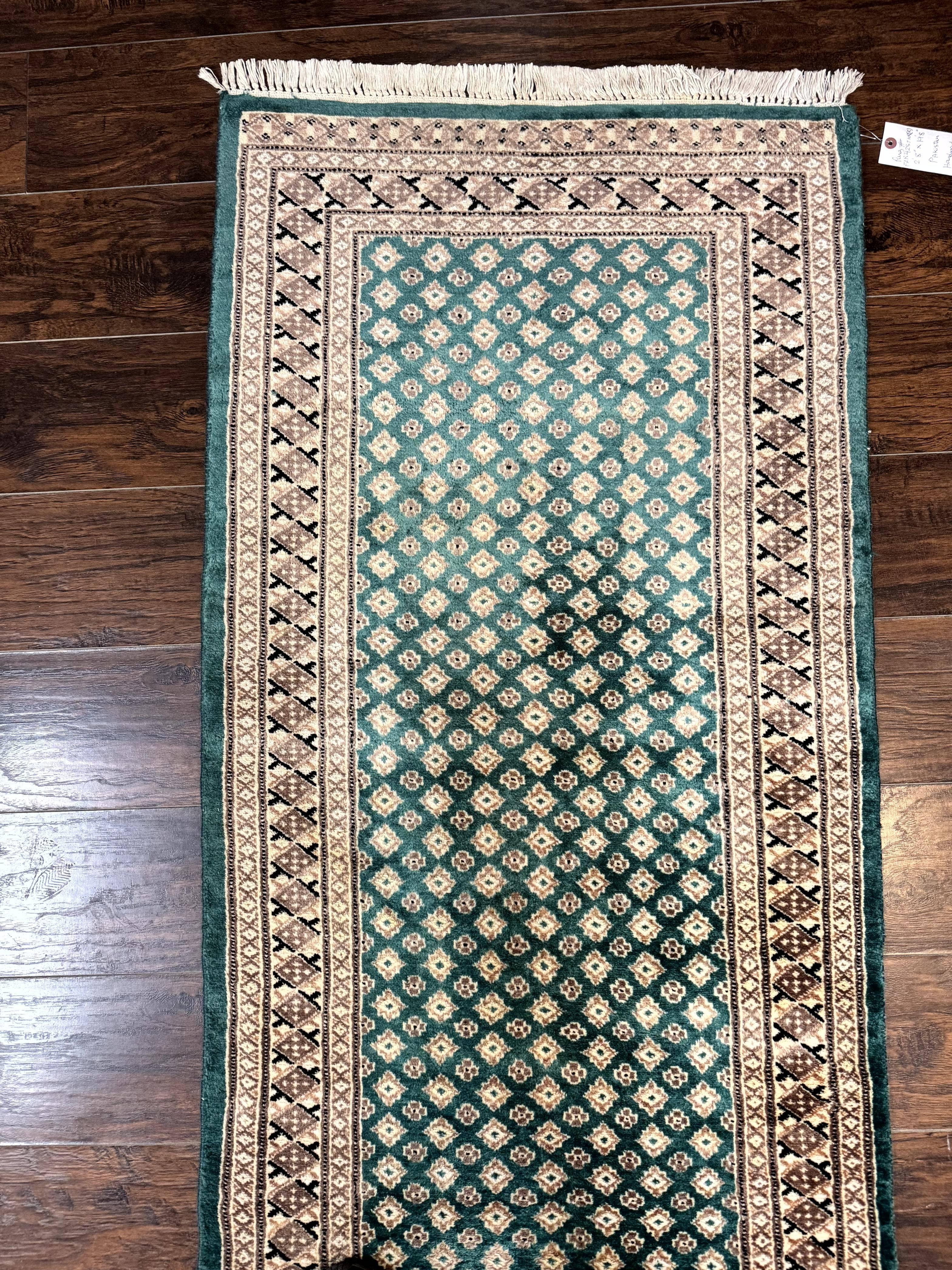 Long Pakistani Runner Rug 2.8 x 20, Hand Knotted Vintage Wool Hallway Rug, Turkoman Rug, Teal and Tan, Handmade Vintage Wool Runner - Image 6