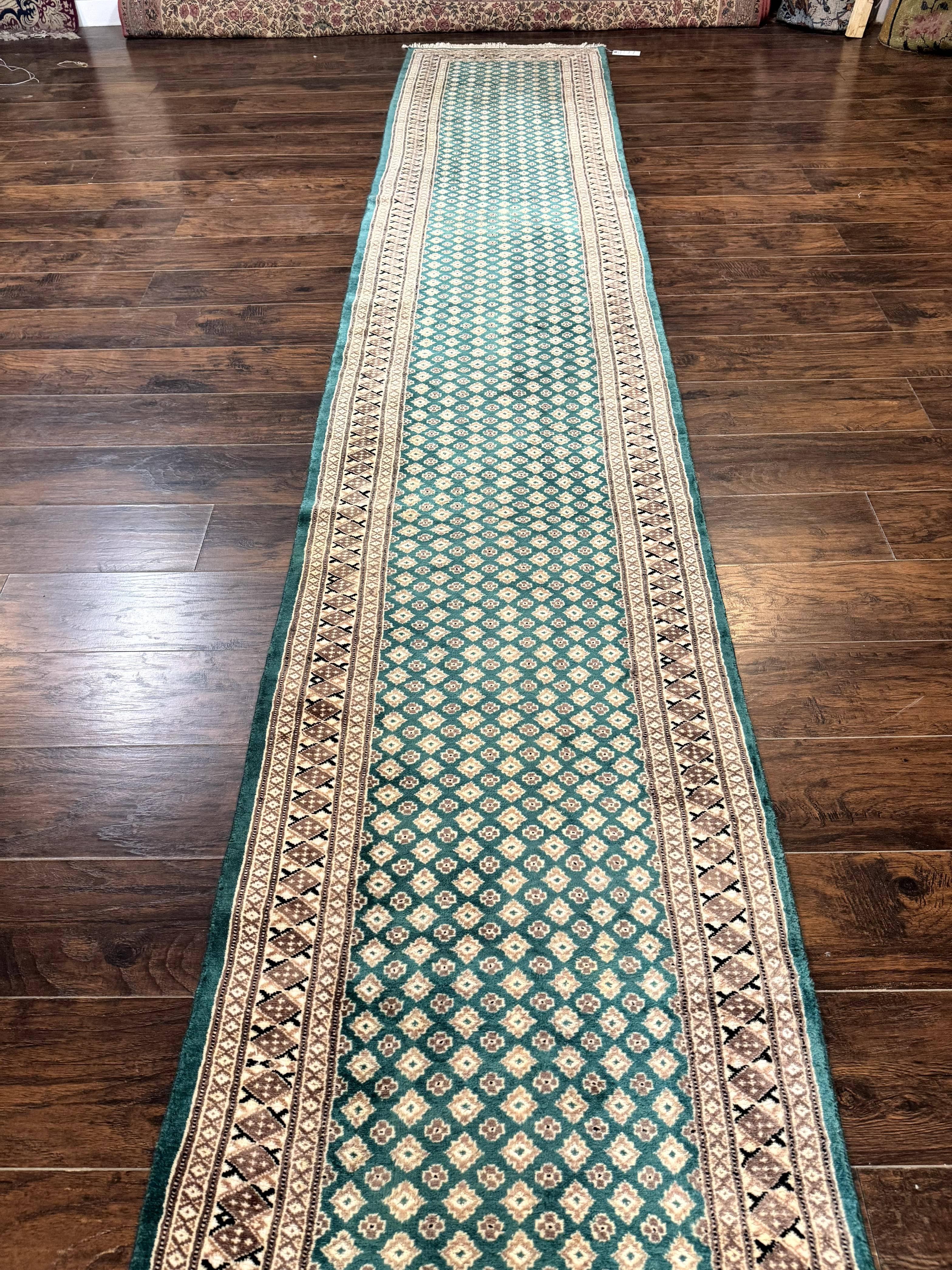 Long Pakistani Runner Rug 2.8 x 20, Hand Knotted Vintage Wool Hallway Rug, Turkoman Rug, Teal and Tan, Handmade Vintage Wool Runner - Image 7