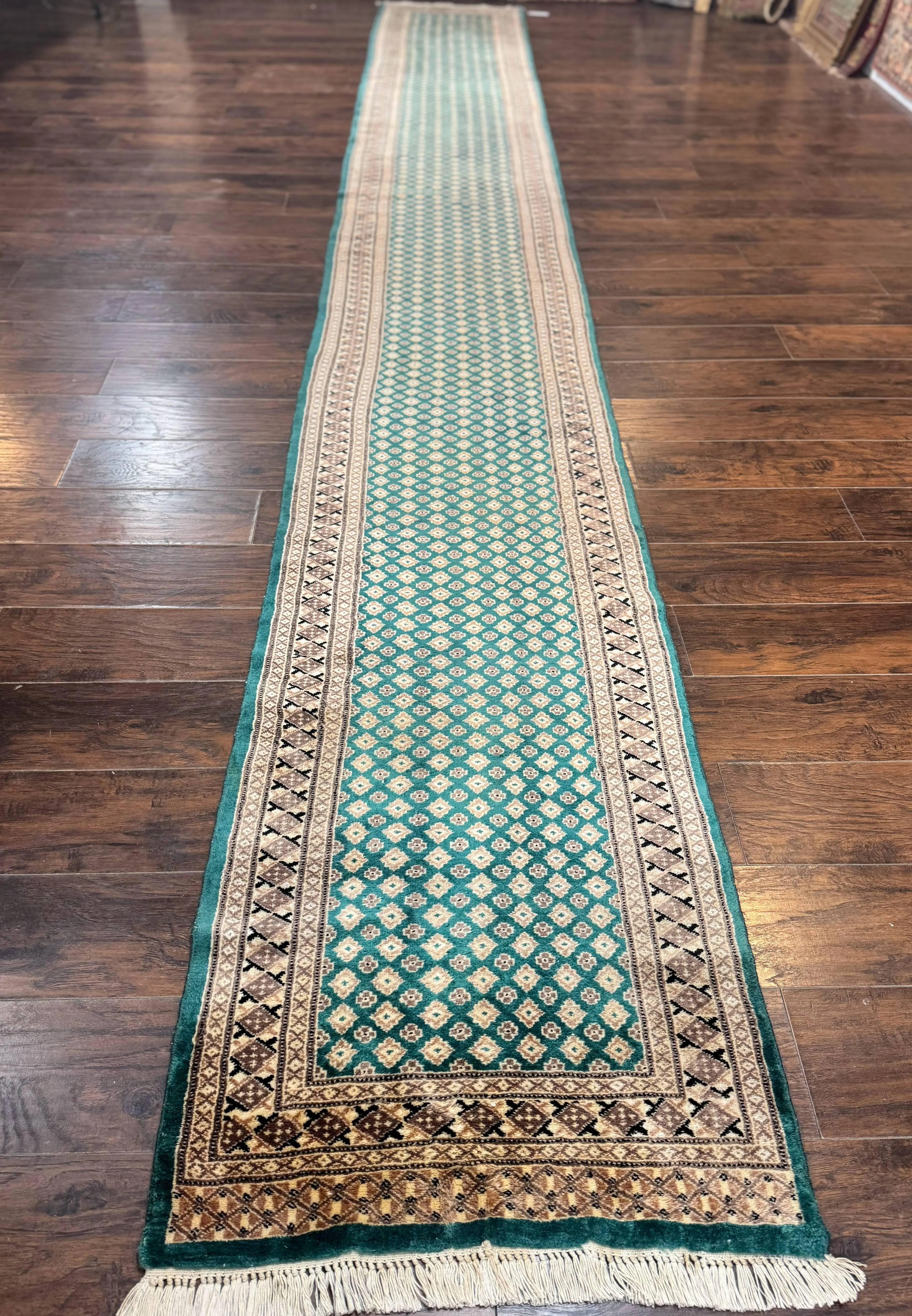 Long Pakistani Runner Rug 2.8 x 20, Hand Knotted Vintage Wool Hallway Rug, Turkoman Rug, Teal and Tan, Handmade Vintage Wool Runner - Image 8