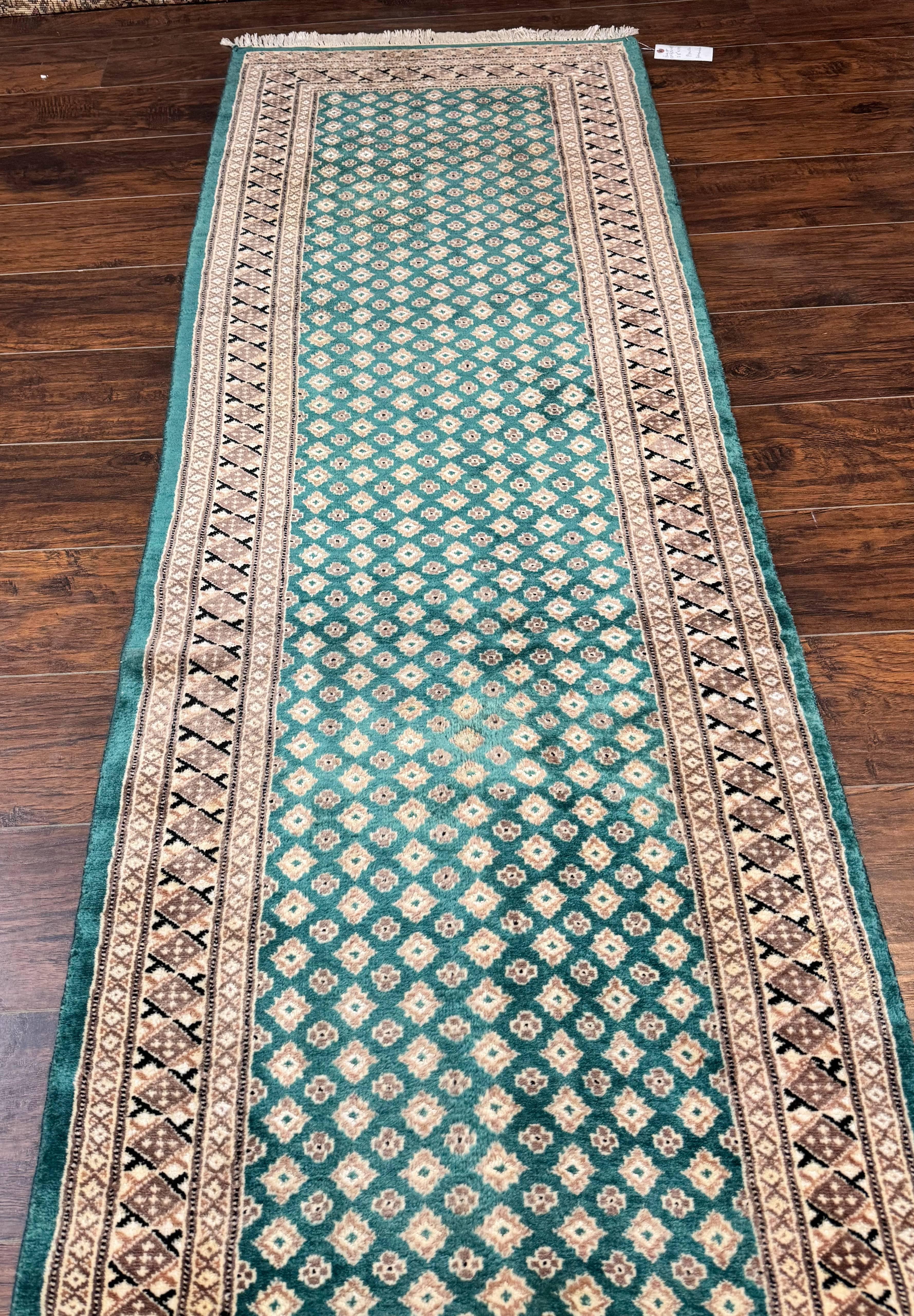 Long Pakistani Runner Rug 2.8 x 20, Hand Knotted Vintage Wool Hallway Rug, Turkoman Rug, Teal and Tan, Handmade Vintage Wool Runner - Image 9