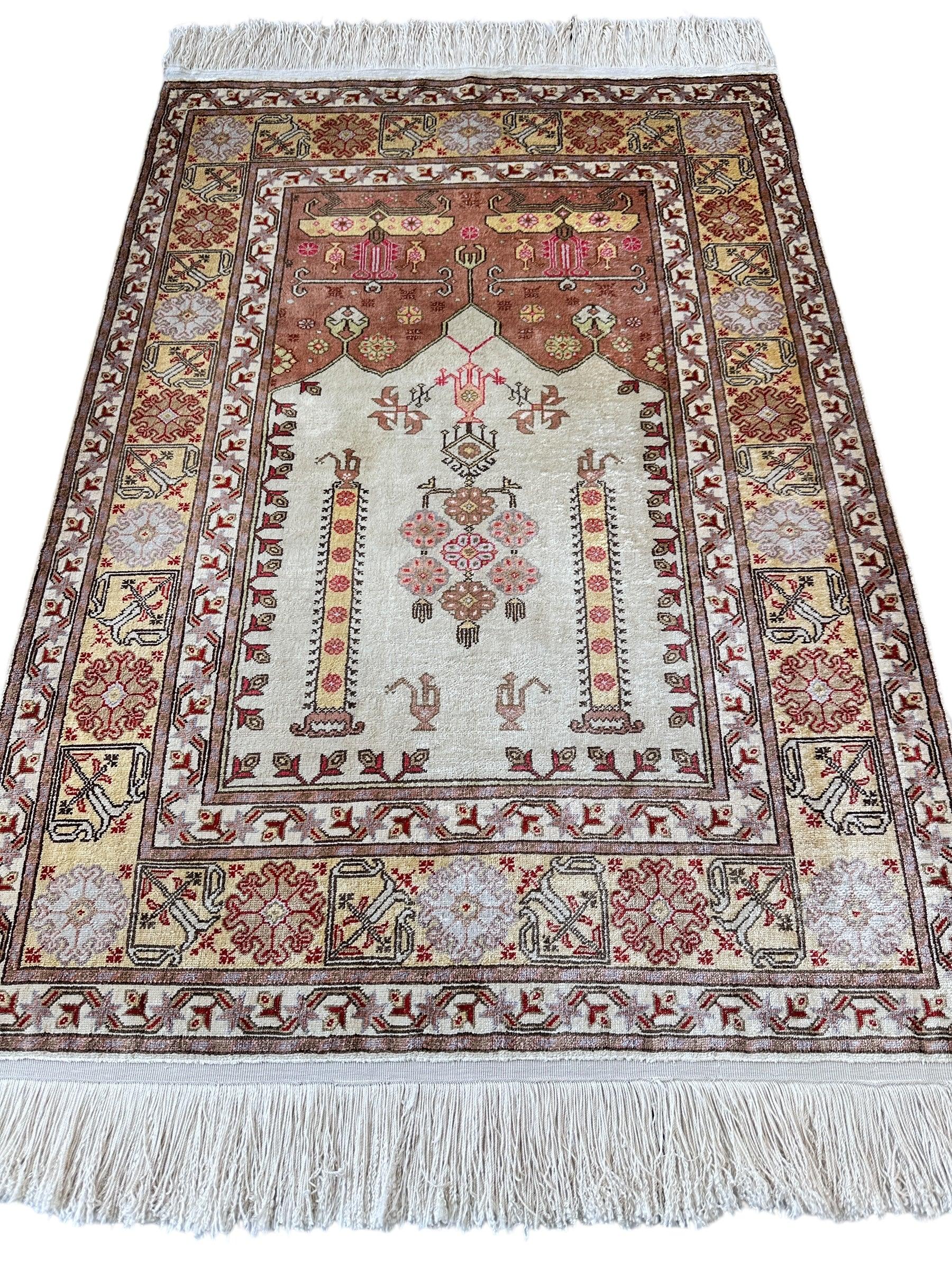 Luxurious Hand-Knotted Pure Silk Turkish Kayseri Rug – Intricate Floral & Geometric Design, 2’2” x 3’ - Image 2