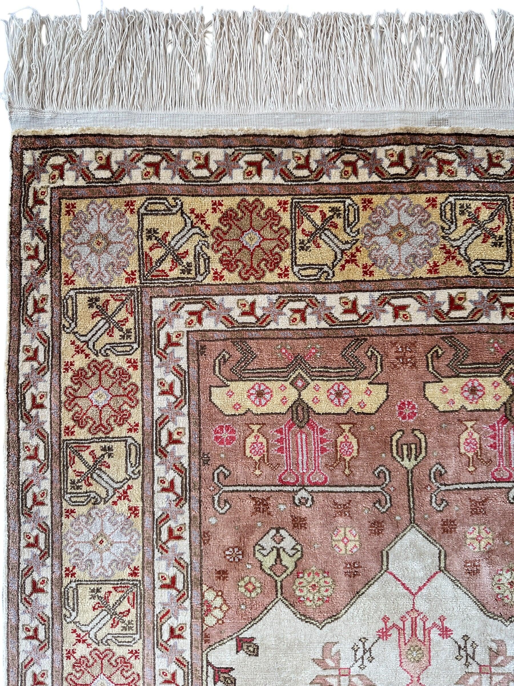 Luxurious Hand-Knotted Pure Silk Turkish Kayseri Rug – Intricate Floral & Geometric Design, 2’2” x 3’ - Image 9
