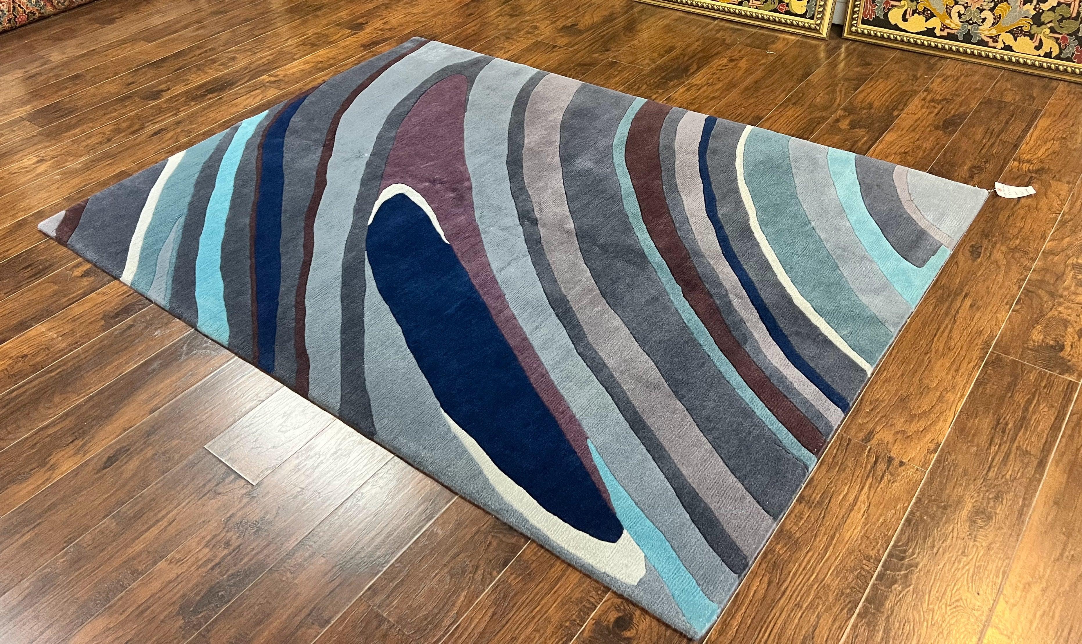 Modern Nepali Handmade Wool Rug 6x8, Blues Gray Mauve, Abstract, Nepali Tibetan Rug - Image 2