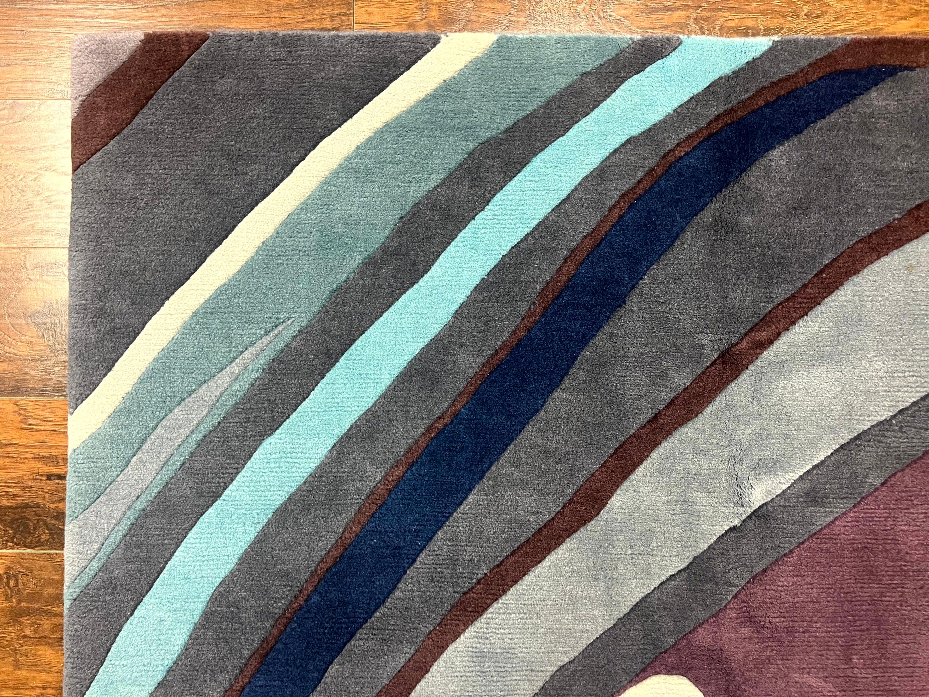 Modern Nepali Handmade Wool Rug 6x8, Blues Gray Mauve, Abstract, Nepali Tibetan Rug - Image 6