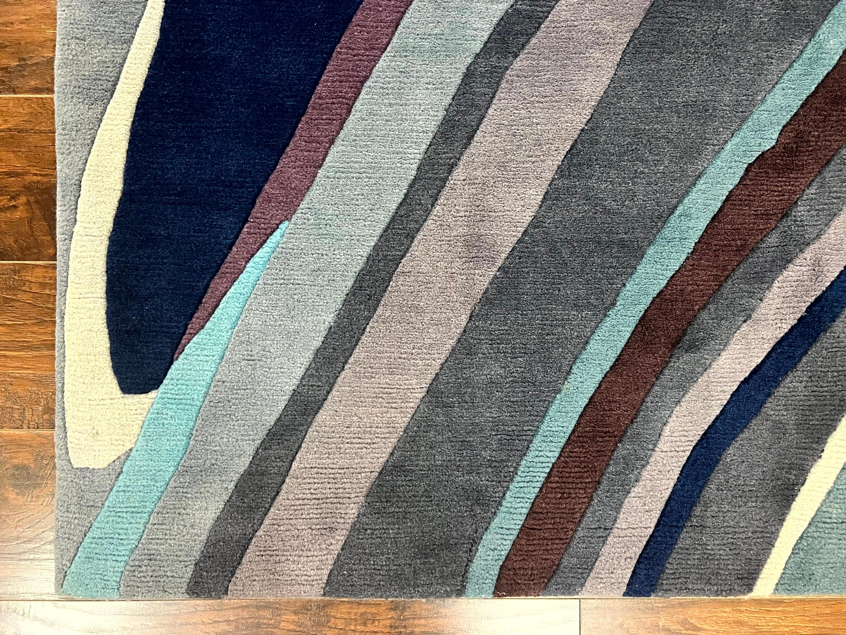 Modern Nepali Handmade Wool Rug 6x8, Blues Gray Mauve, Abstract, Nepali Tibetan Rug - Image 8