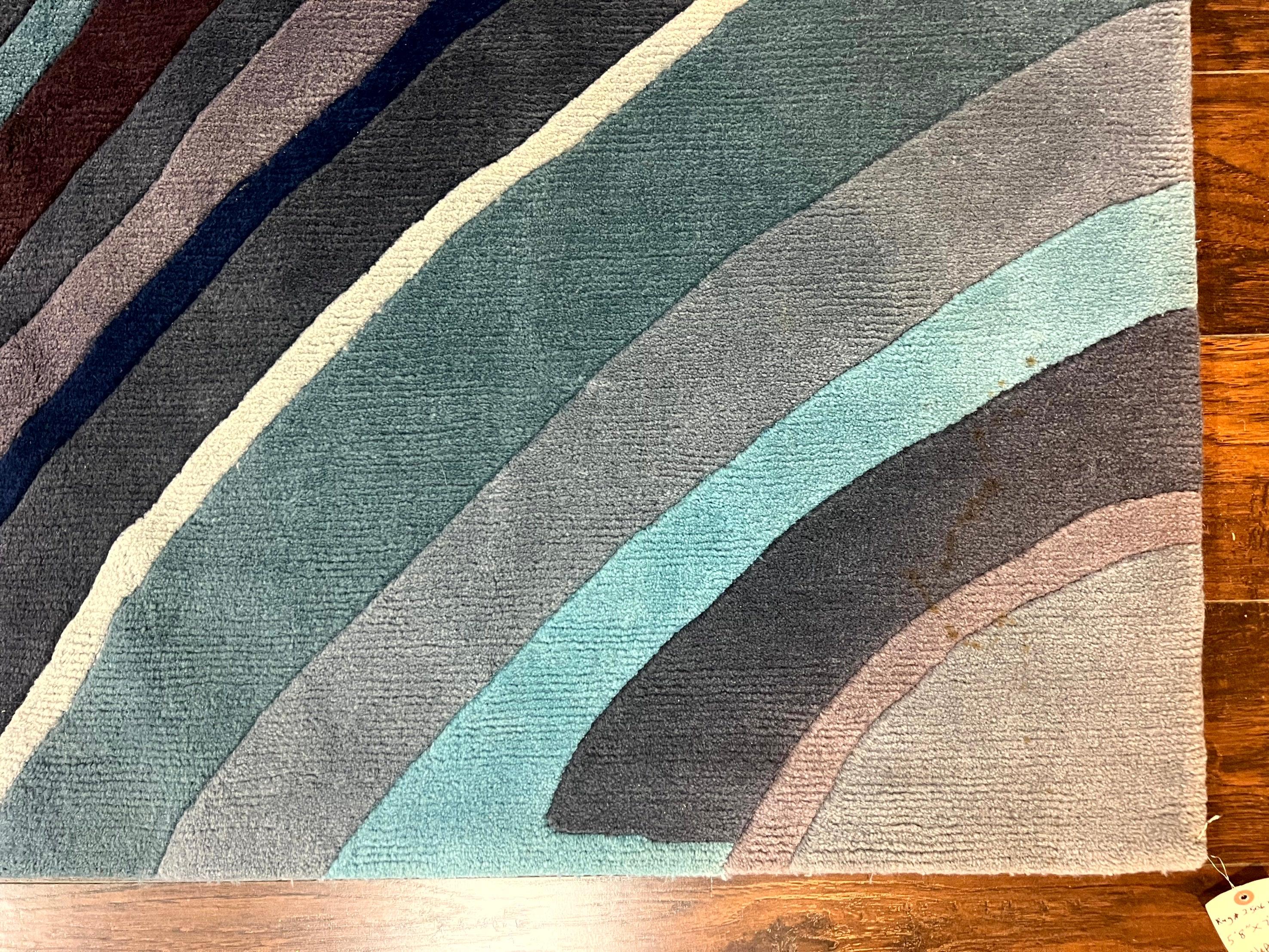 Modern Nepali Handmade Wool Rug 6x8, Blues Gray Mauve, Abstract, Nepali Tibetan Rug - Image 9