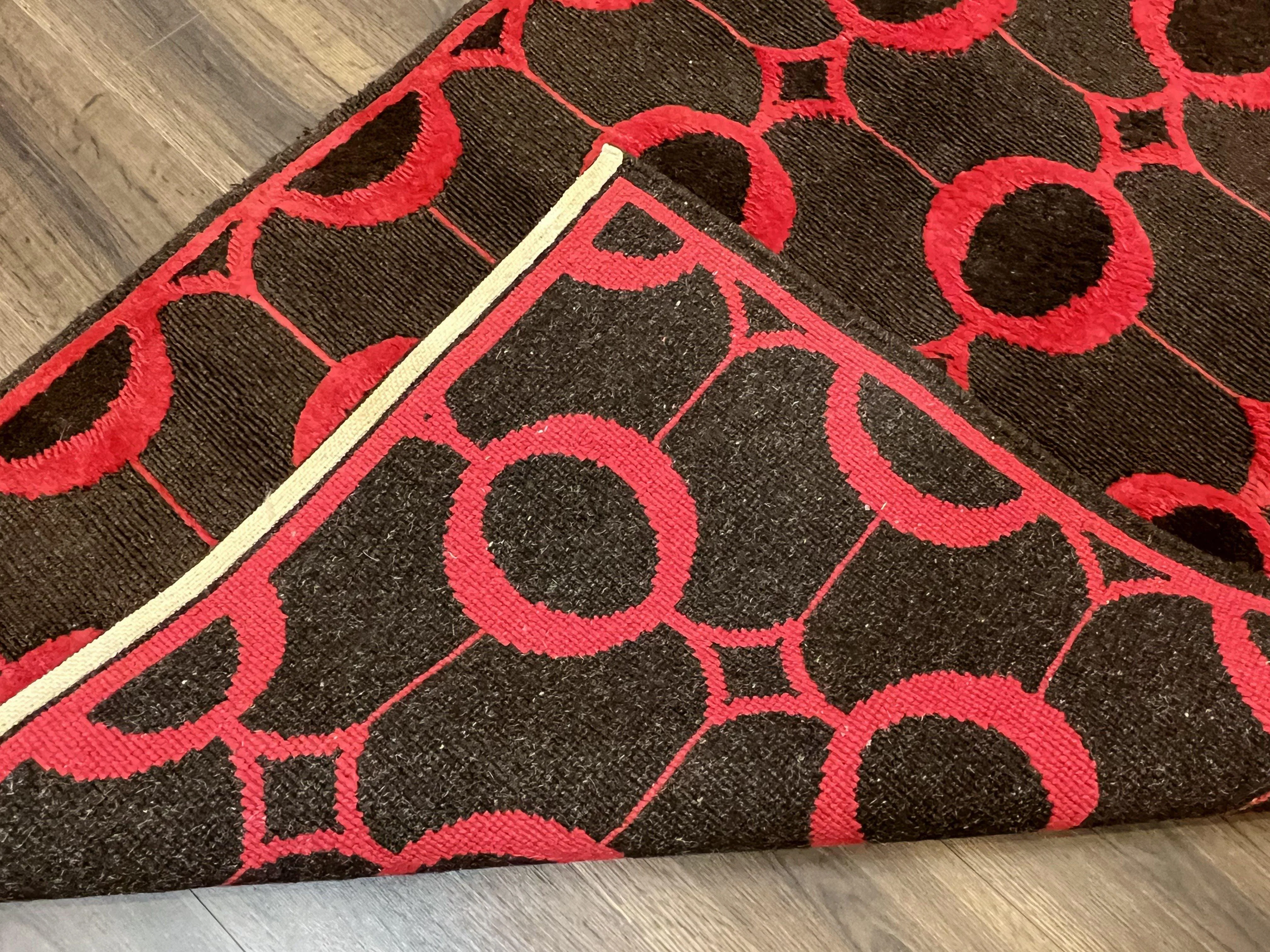 Modern Tibetan Rug 3.8 x 5.7, Raspberry Red and Dark Brown, Abstract Circle Design, Hand Knotted, Soft Wool Handmade Tibet Nepali Carpet 4x6 - Image 10