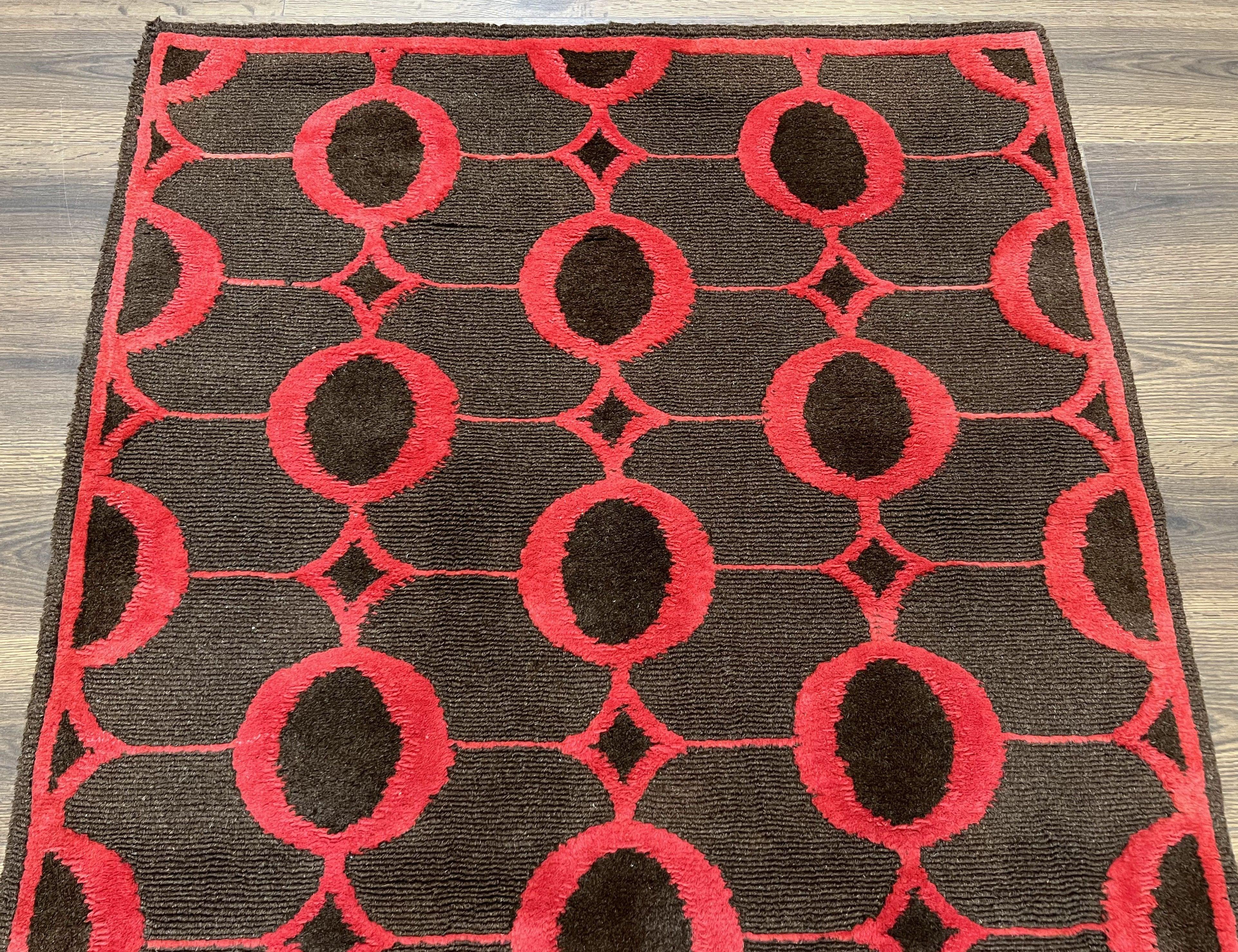 Modern Tibetan Rug 3.8 x 5.7, Raspberry Red and Dark Brown, Abstract Circle Design, Hand Knotted, Soft Wool Handmade Tibet Nepali Carpet 4x6 - Image 11