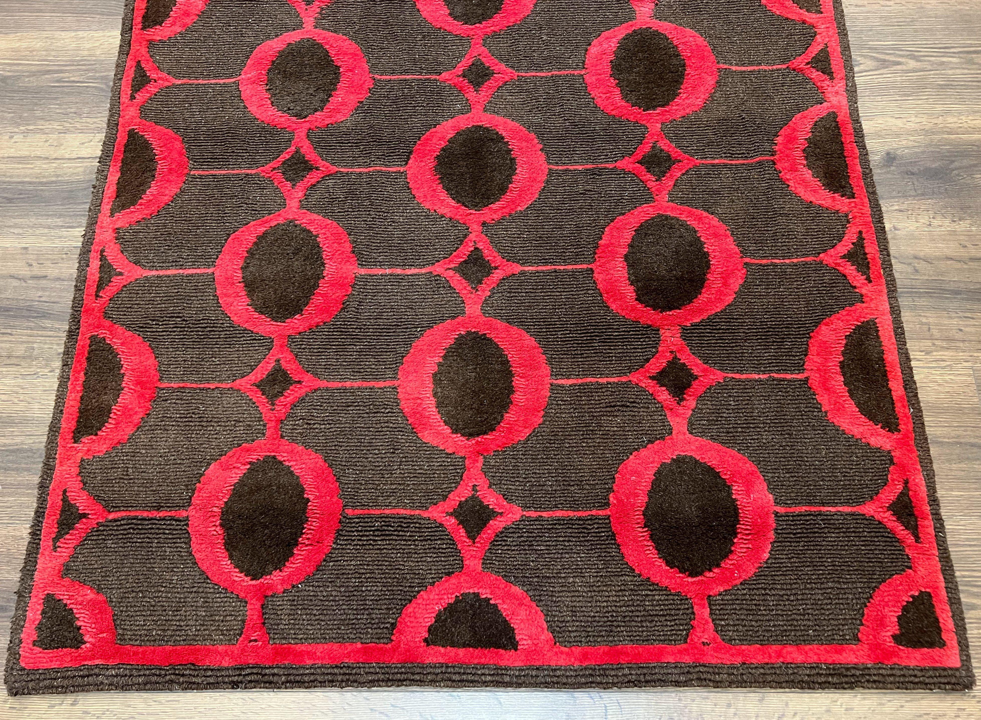 Modern Tibetan Rug 3.8 x 5.7, Raspberry Red and Dark Brown, Abstract Circle Design, Hand Knotted, Soft Wool Handmade Tibet Nepali Carpet 4x6 - Image 5