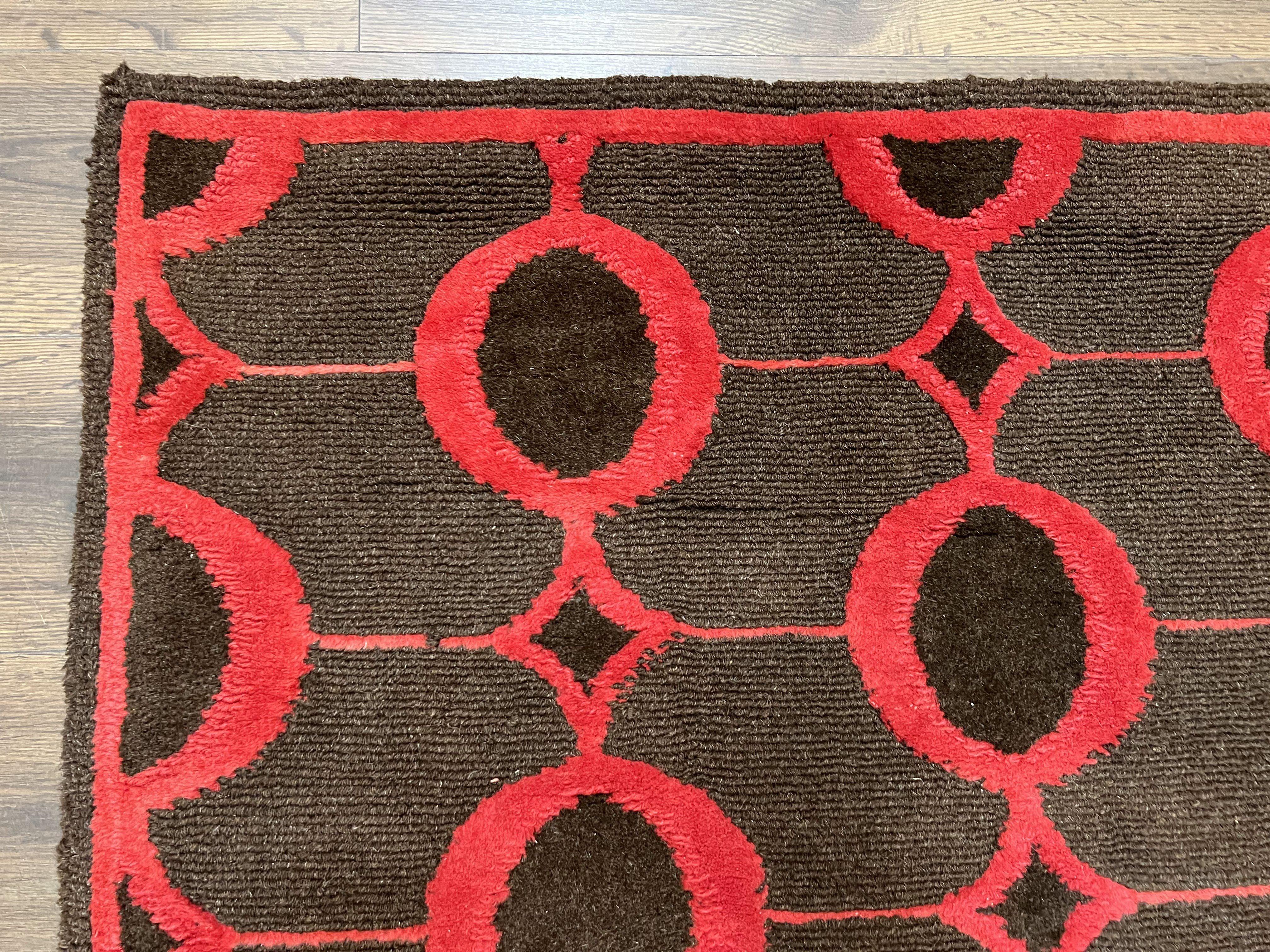 Modern Tibetan Rug 3.8 x 5.7, Raspberry Red and Dark Brown, Abstract Circle Design, Hand Knotted, Soft Wool Handmade Tibet Nepali Carpet 4x6 - Image 6