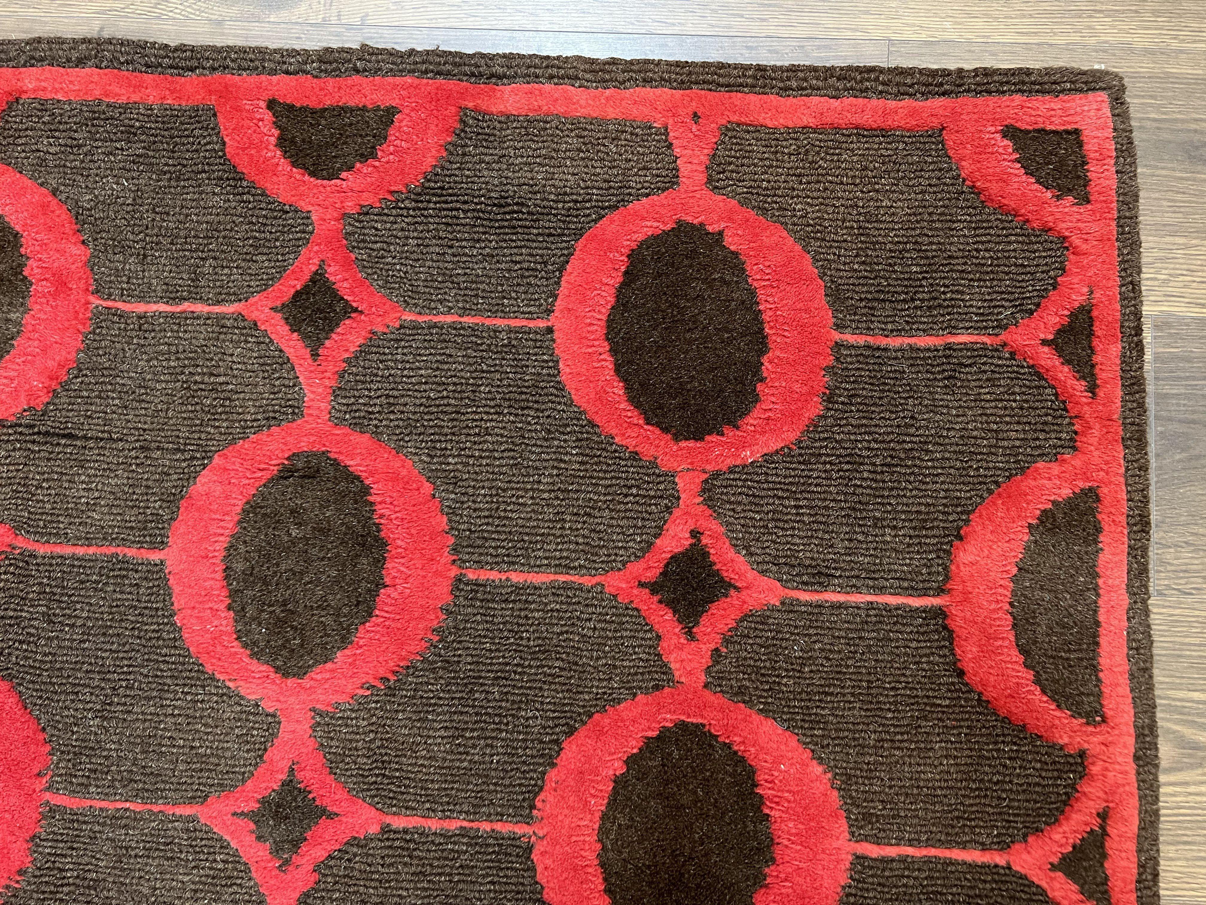 Modern Tibetan Rug 3.8 x 5.7, Raspberry Red and Dark Brown, Abstract Circle Design, Hand Knotted, Soft Wool Handmade Tibet Nepali Carpet 4x6 - Image 7