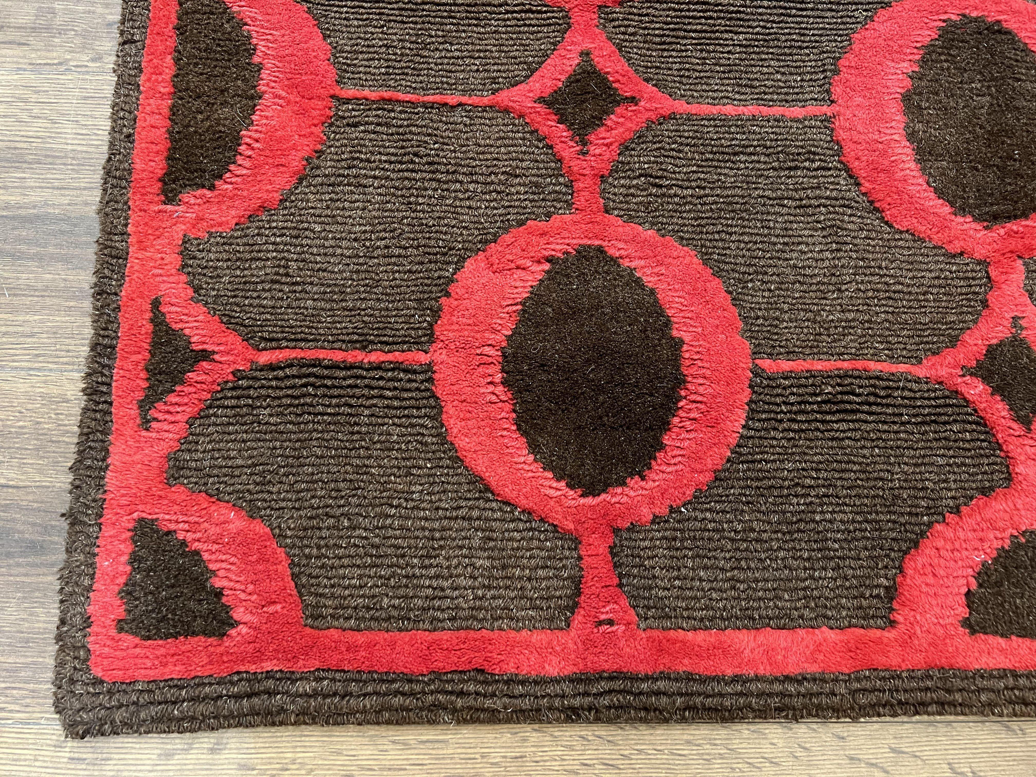 Modern Tibetan Rug 3.8 x 5.7, Raspberry Red and Dark Brown, Abstract Circle Design, Hand Knotted, Soft Wool Handmade Tibet Nepali Carpet 4x6 - Image 8
